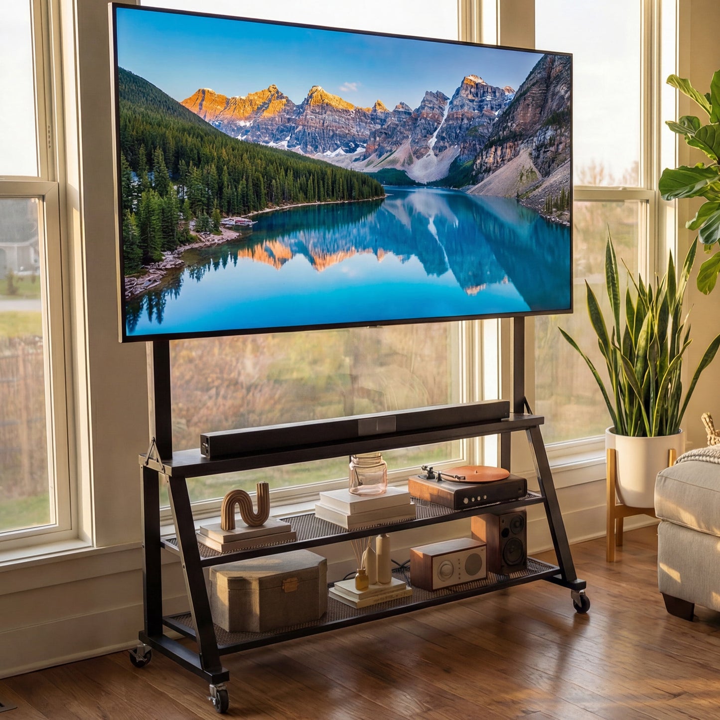 Uforic 46"W Rolling TV Stand with Lockable Wheels & Power Outlets, Mobile Cart for 32-75 Inch TVs, Black Oak