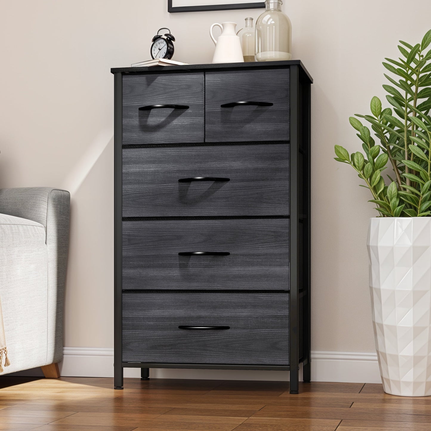 Uforic 5 Drawer Dresser for Adult , Fabric with Wooden Top & Steel Frame,Black Wood Grain Dresser