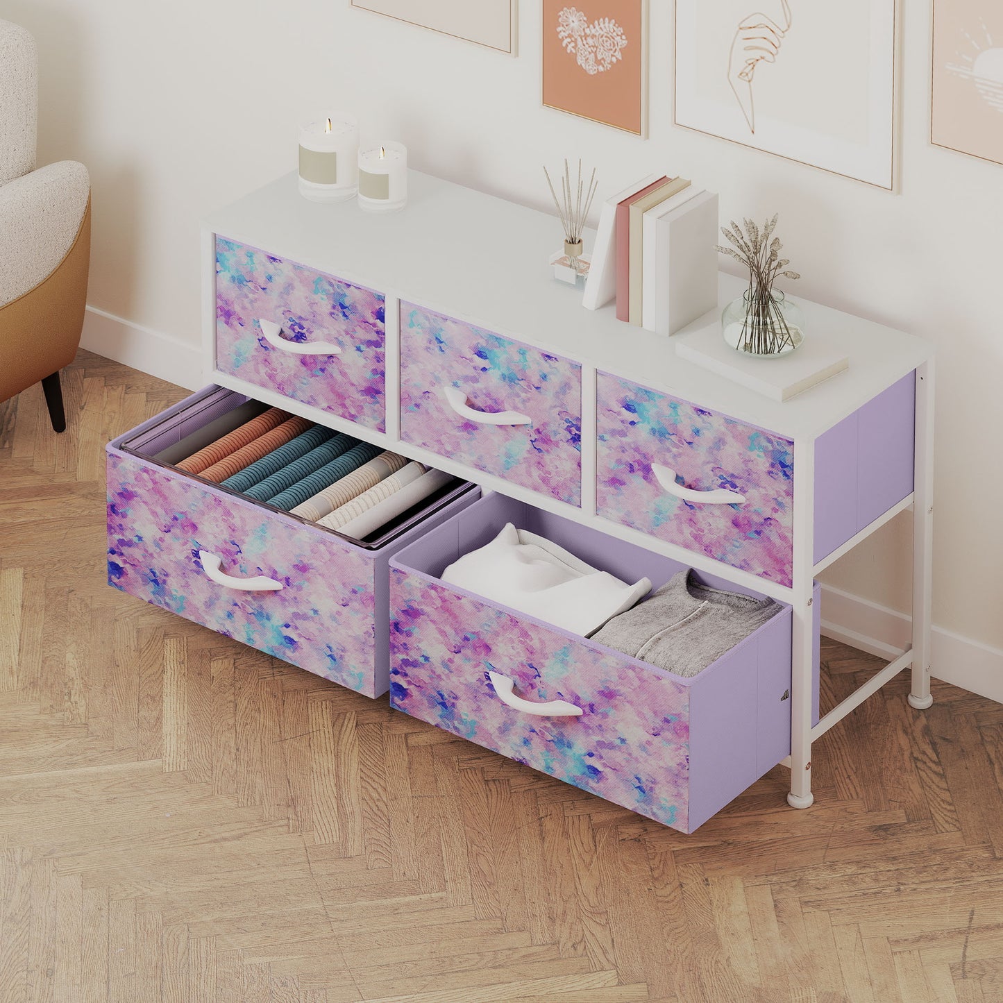Uforic Wide Fabric Dresser with 5 Drawers,Storage Organizer with White Plastic Handles,Steel Frame,and Wooden Top for s, Living Rooms