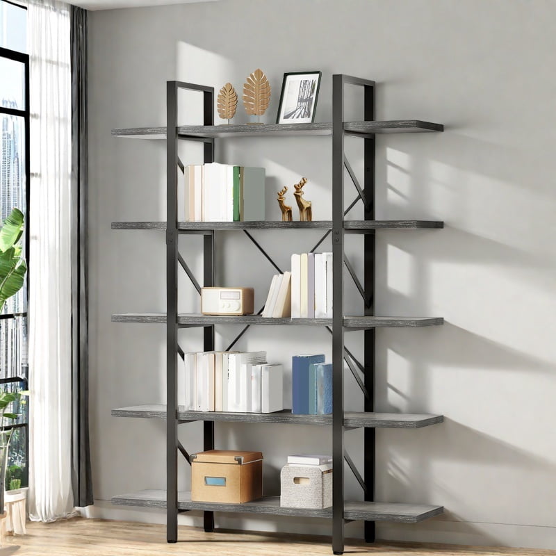 Uforic 5 Tier Bookshelf, Freestanding Industrial Bookcase, Storage Shelving Unit for Home Office, Gray