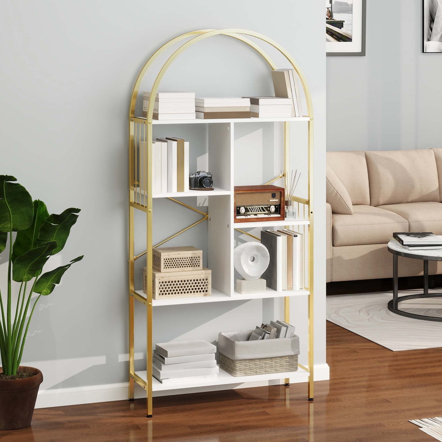 Uforic 5 Tier Gold Arched Bookshelf, Modern Bookcase Organizer with Metal Frame for Home Office