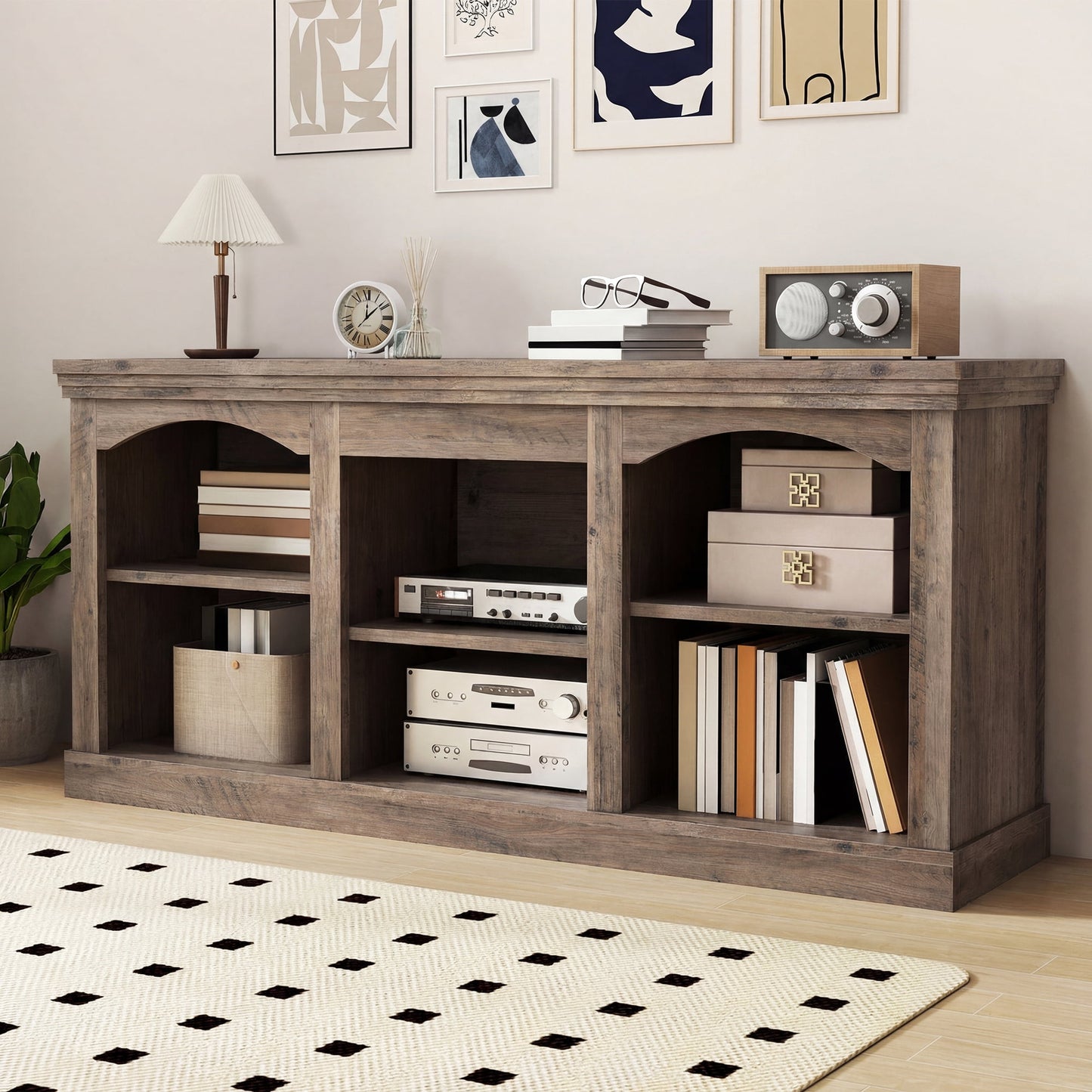 Uforic 59" Washed Grey Farmhouse TV Stand, Adjustable Shelf Entertainment Center for 65 Inch TVs for Living Room, Washed Grey