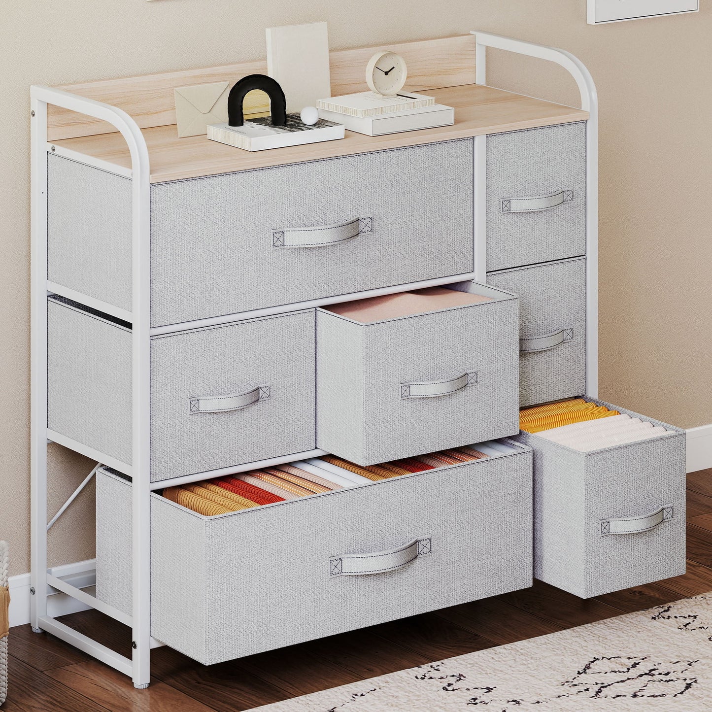 Uforic 7 Drawer Storage Fabric Dresser with Sturdy Steel Frame and Wooden Top, Foldable Easy Pull Fabric Bins, for Living Room, Bedroom, Closet, Entryway, Light Grey