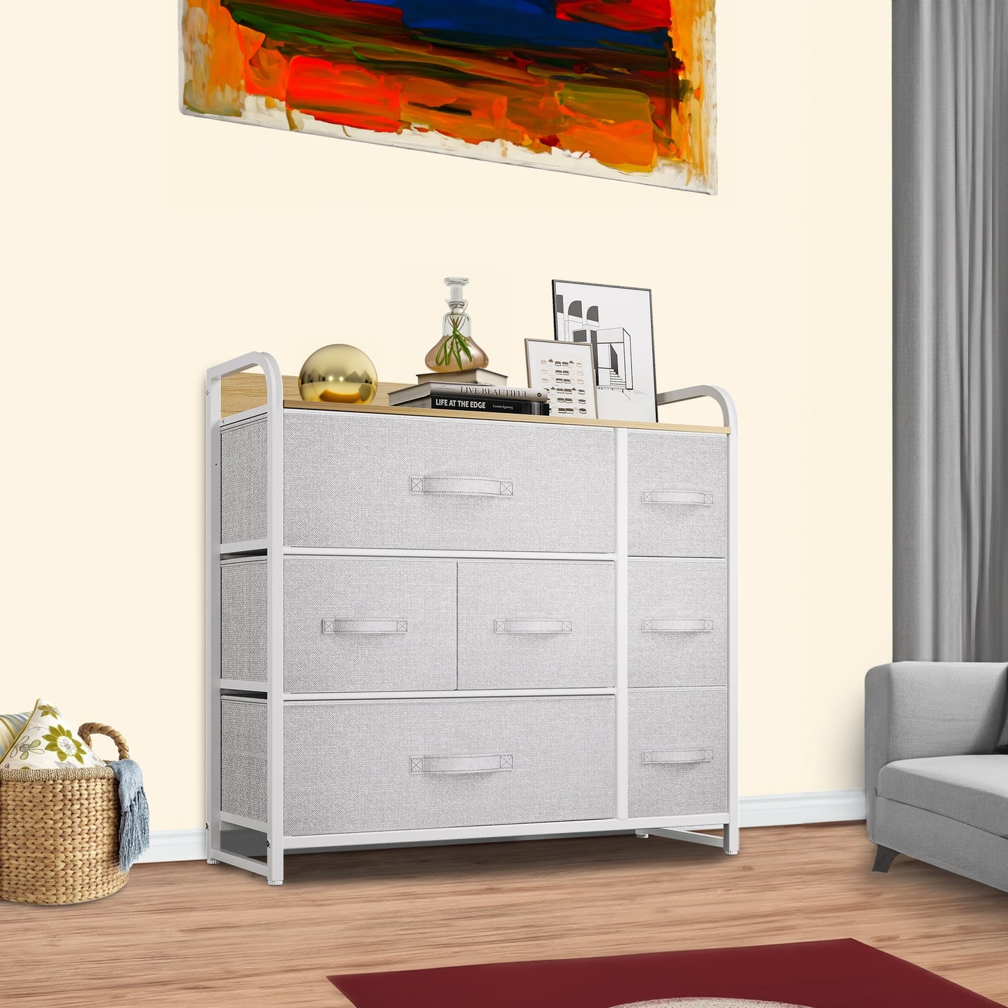Uforic Fabric Storage Dresser with 7 Drawers Steel Frame & Wooden Top Versatile Organizer for Bedroom, Living Room, Hallway & Closet Light Gray