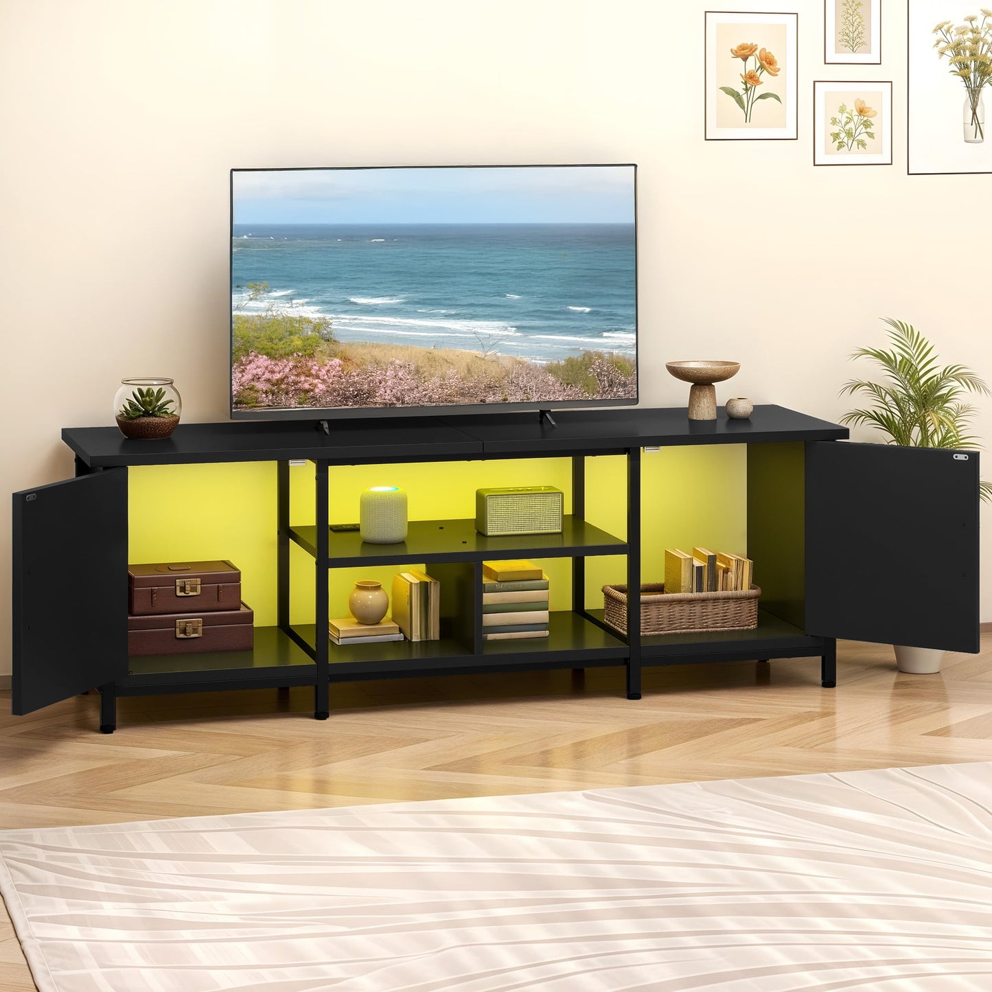 Uforic Farmhouse TV Stand with LED & Charging, Storage Cabinet and Shelves for TVs up to 70", Black
