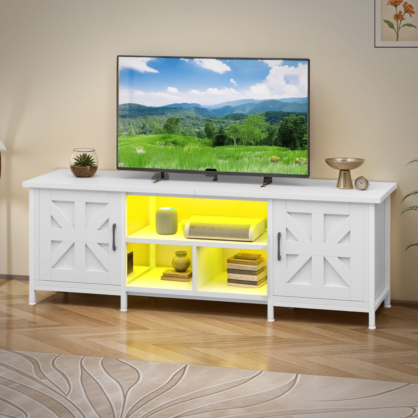 Uforic Soporte de TV Estilo Rústico con LED y Carga, Gabinete de Almacenamiento y Estantes para TVs de hasta 70", Blanco