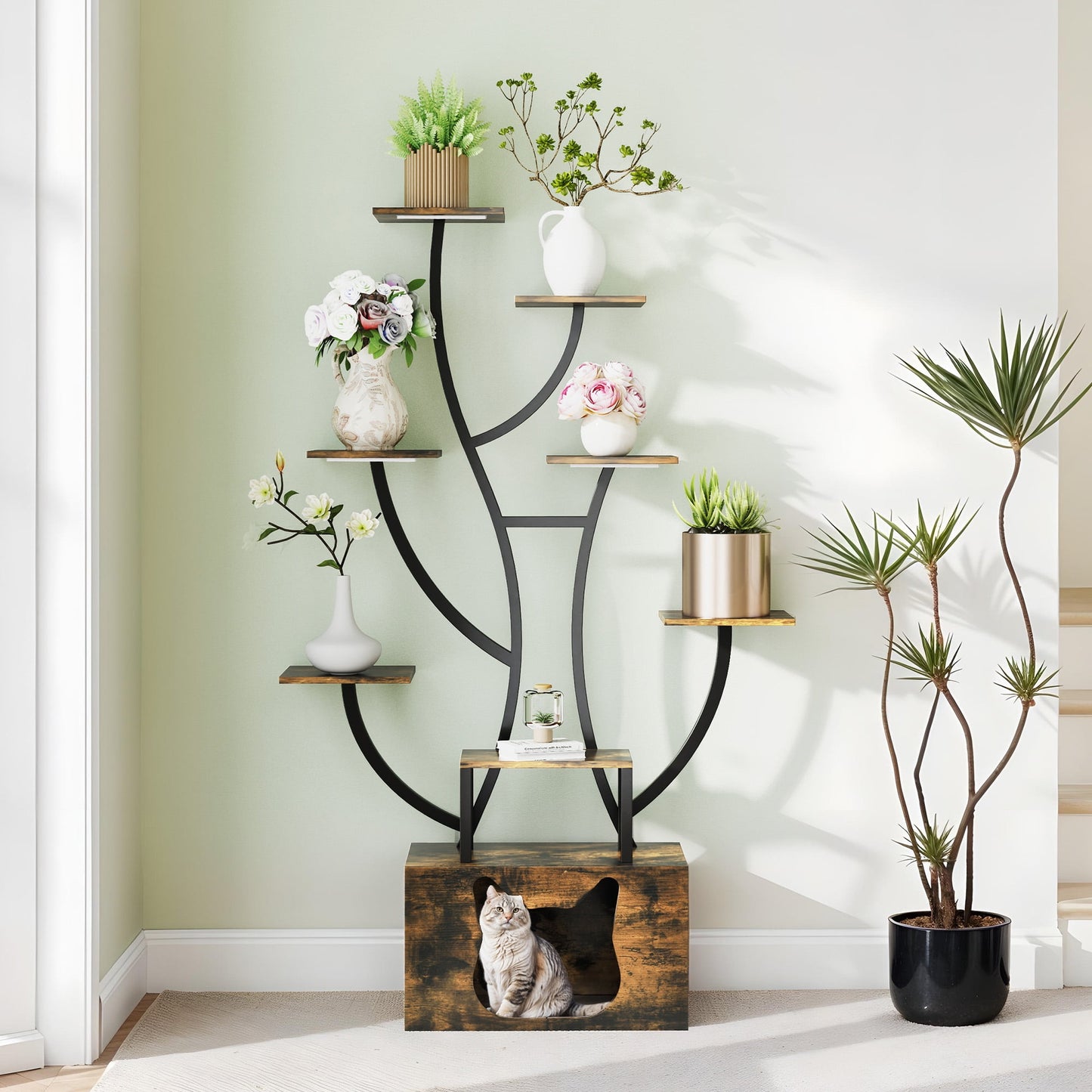 Uforic Indoor Plant Stand with Grow Lights, 63" Multiple Pots Metal Flower Stands Plant Shelf with Cat Litter Box