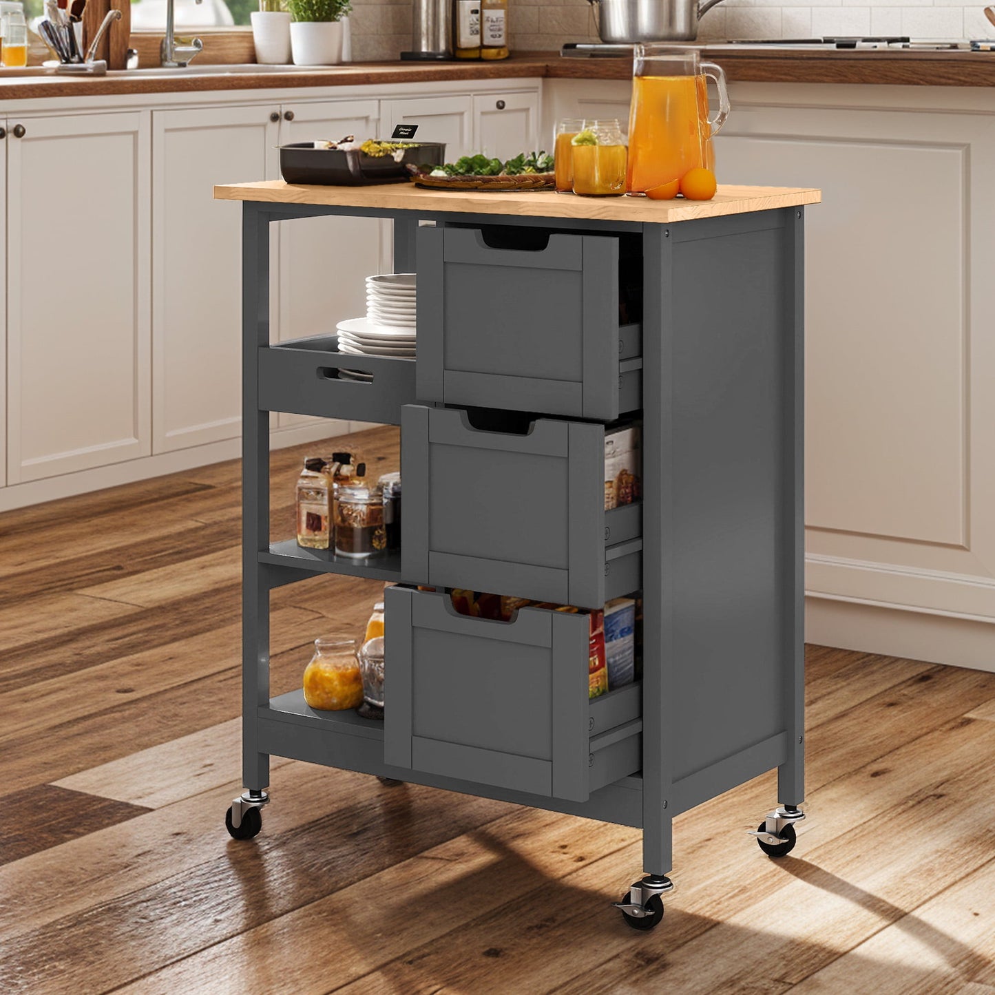 Uforic Kitchen Storage Cart with Shelves & Drawers, Rolling Kitchen Island, Gray