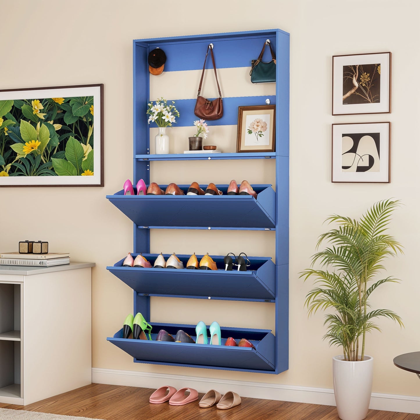Uforic Metal Shoe Cabinet with 3 Flip Drawers, Wall Mount Shoe Organizer with Coat Rack, White