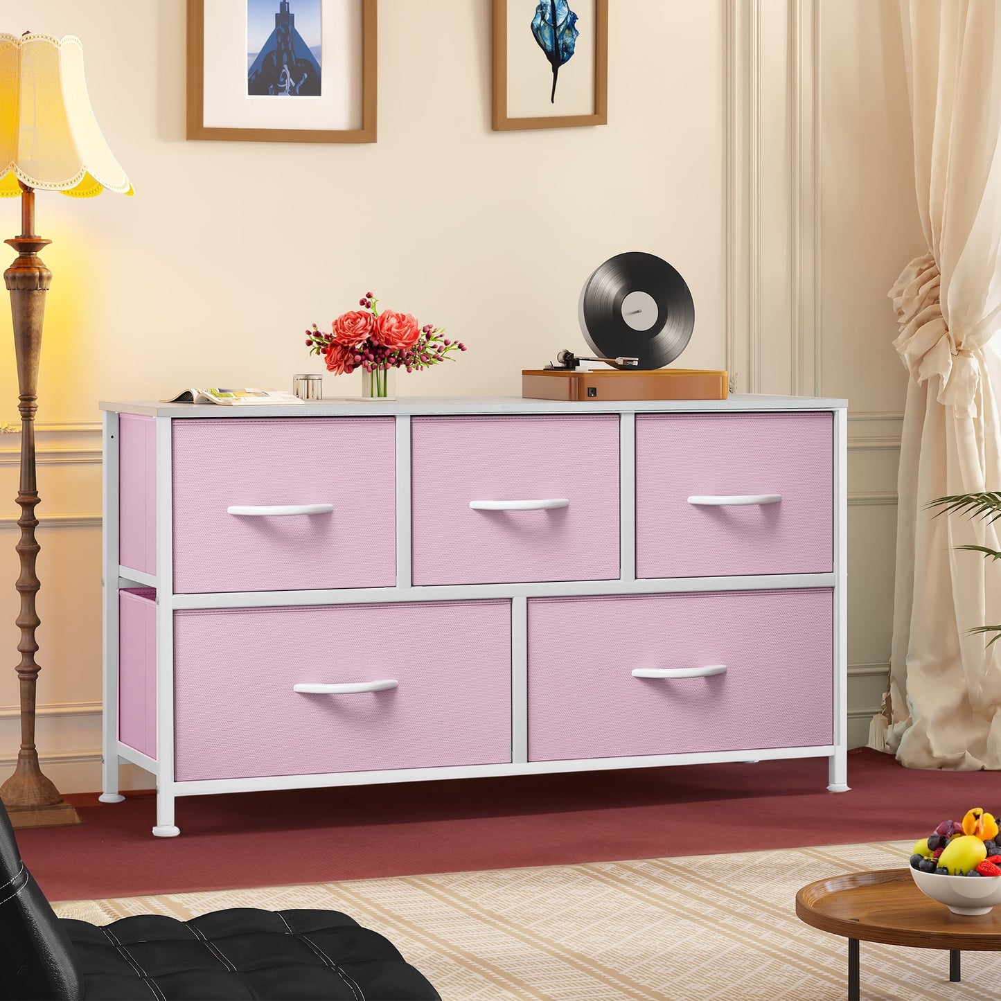 Uforic Wide Fabric Dresser with 5 Drawers,Storage Organizer with White Plastic Handles,Steel Frame,and Wooden Top for Bedrooms, Living Rooms