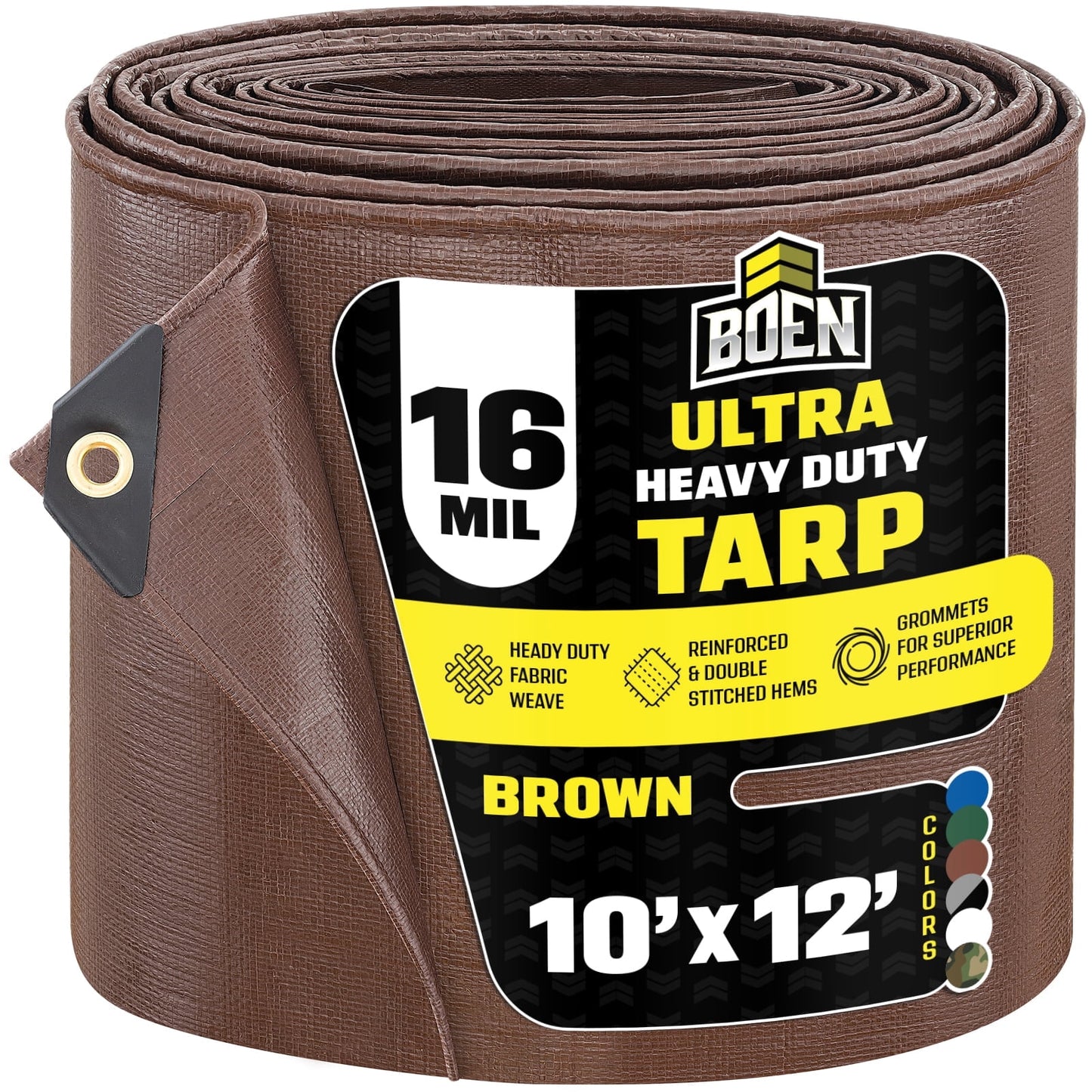 BOEN Ultra Heavy-Duty Tarp, 10 ft x 12 ft, 16 Mil Thick, Brown, Waterproof