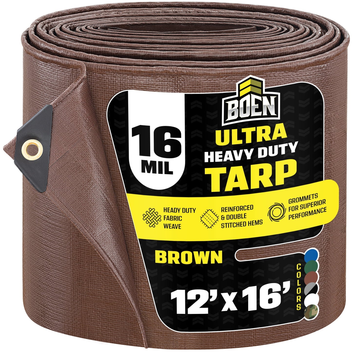 BOEN Ultra Heavy-Duty Tarp, 12 ft x 16 ft, 16 Mil Thick, Brown, Waterproof
