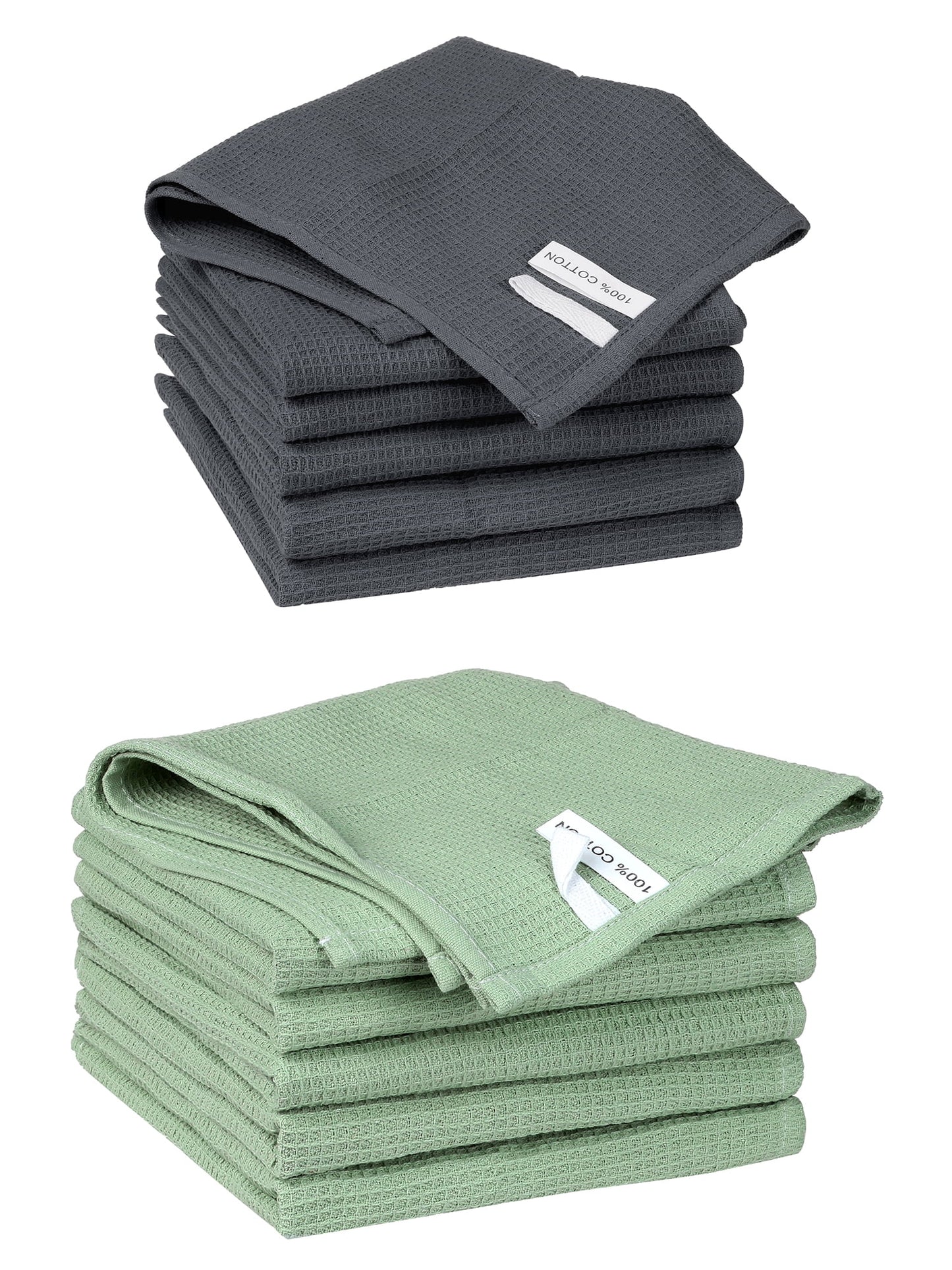 Unique Bargains 12 Pack Cotton Waffle Weave Cleaning Clothes Reusable Kitchen Towels Dark Grey/Light Green 14" x 14"