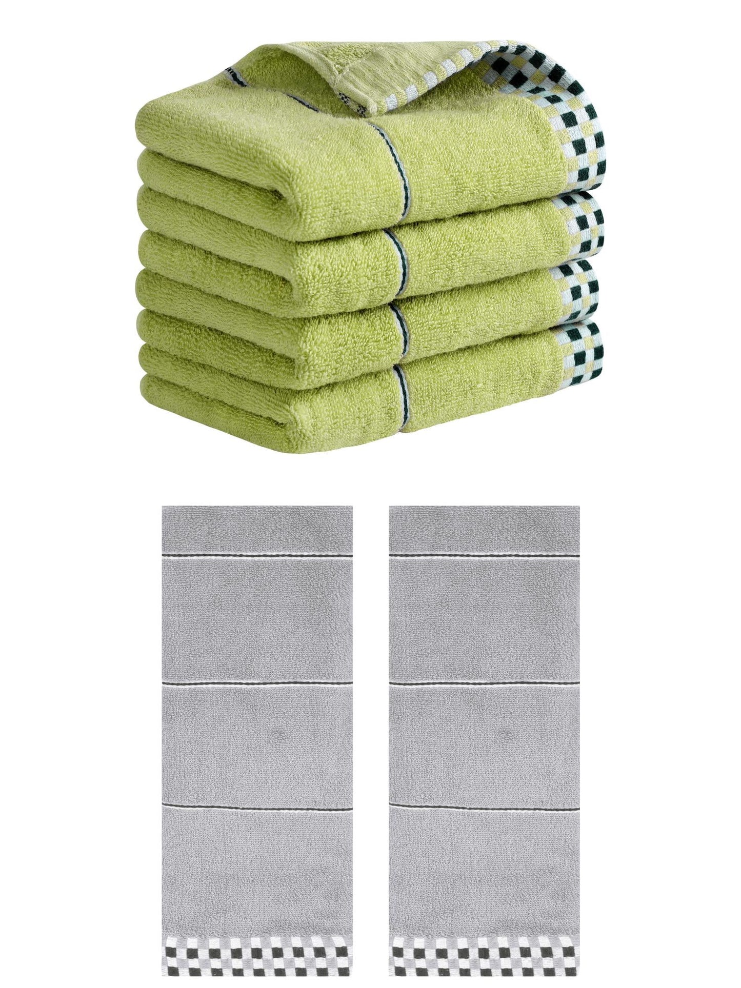 Unique Bargains 14" x 30" Striped Checked Hand Towels Green/Grey 6