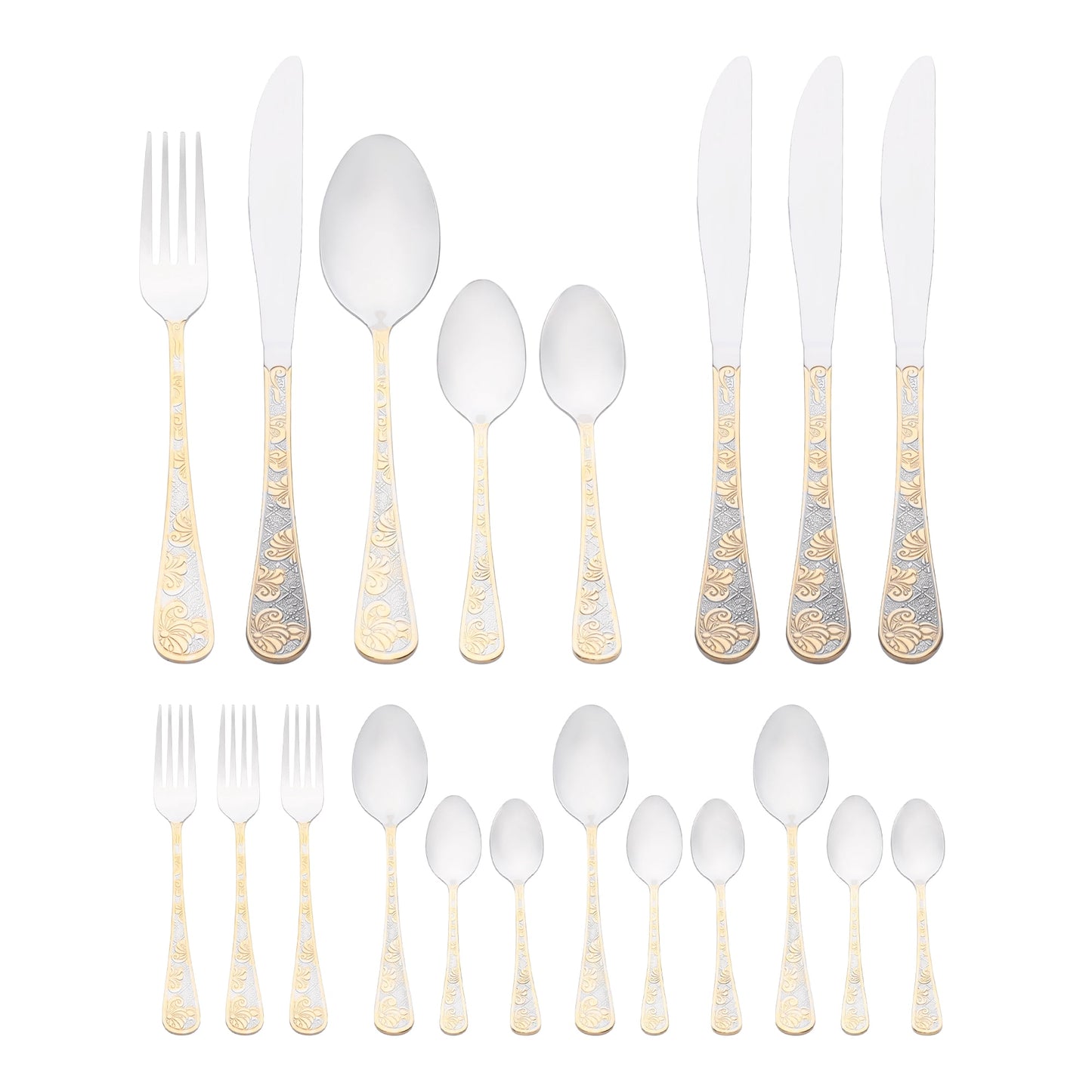 Unique Bargains 20 Piece Silverware Set Stainless Steel Floral Flatware Silver/Gold 20