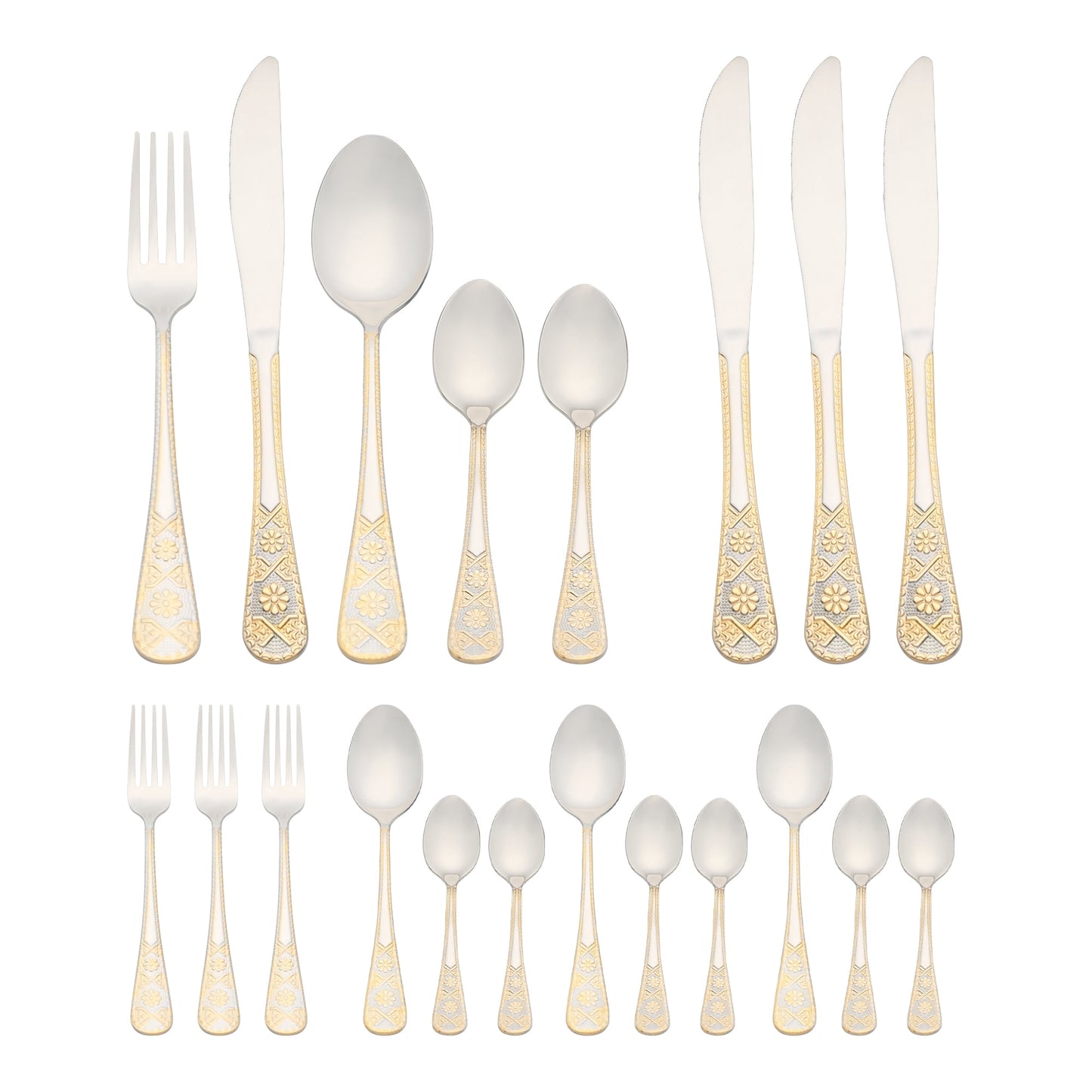 Unique Bargains 20 Piece Stainless Steel Floral Dinner Flatware Set Silver/Gold 20