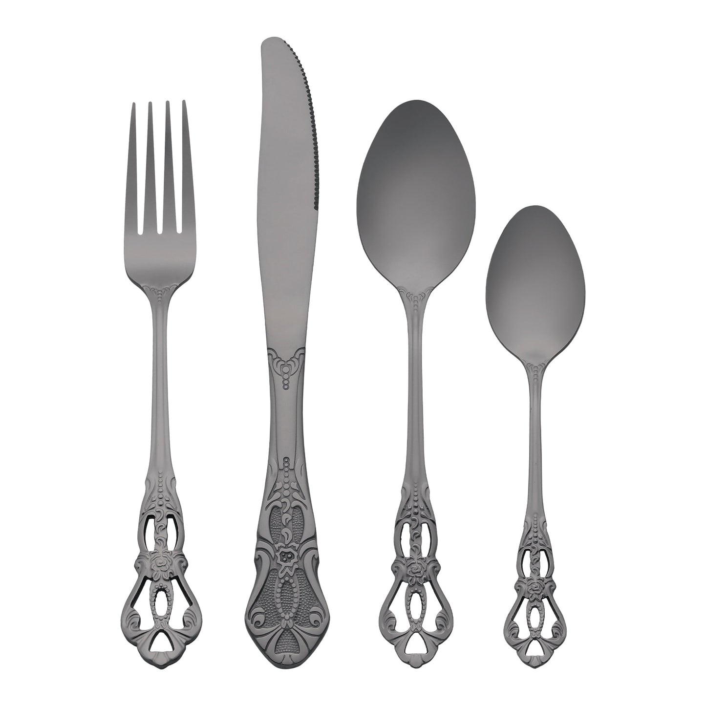 Unique Bargains 24 Pcs Silverware Set Stainless Steel Floral Flatware Set Black