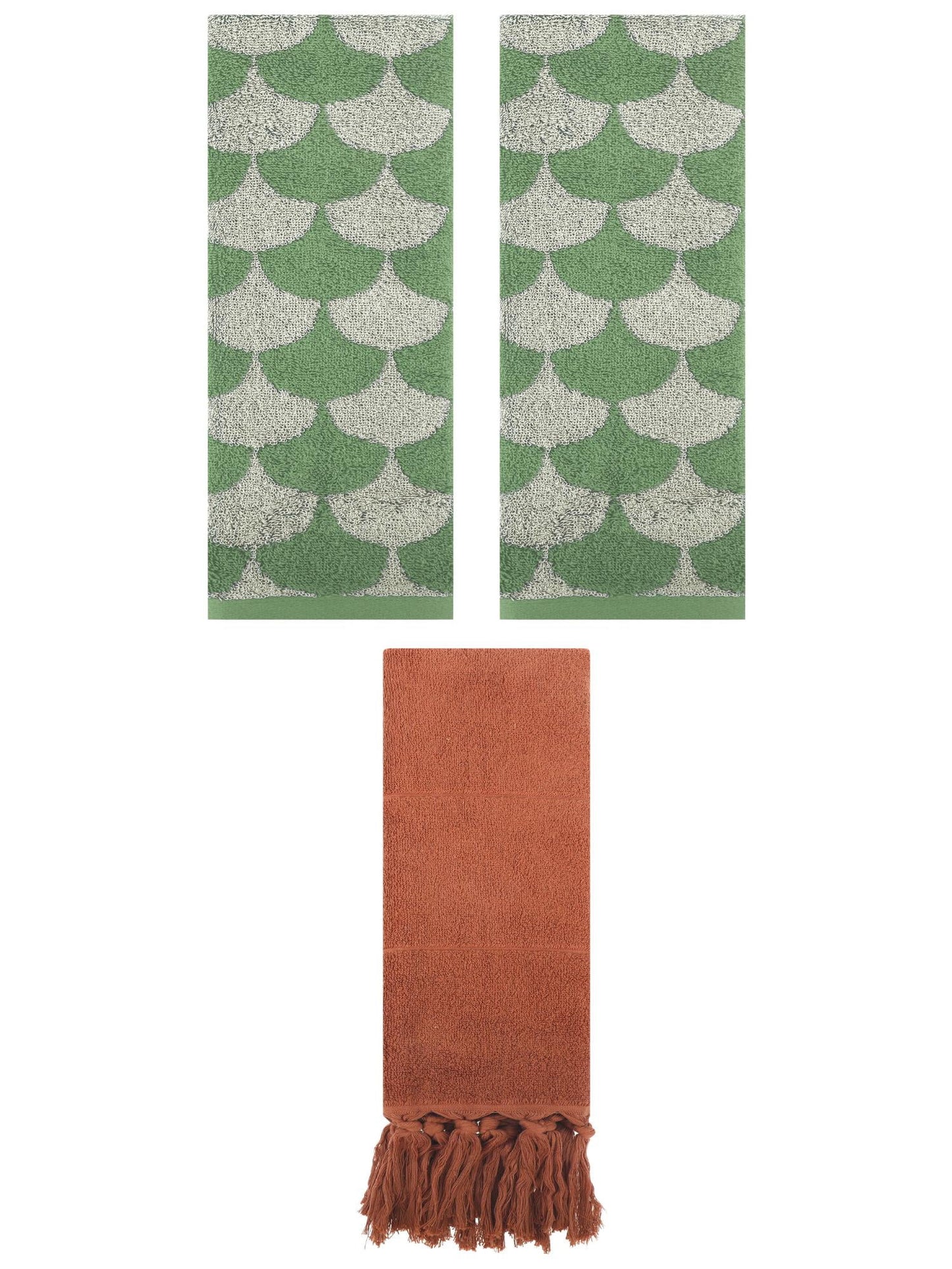 Unique Bargains 3 Pack Cotton Geometric Solid Hand Towel Brown/Green 14"x30"/13"x29"