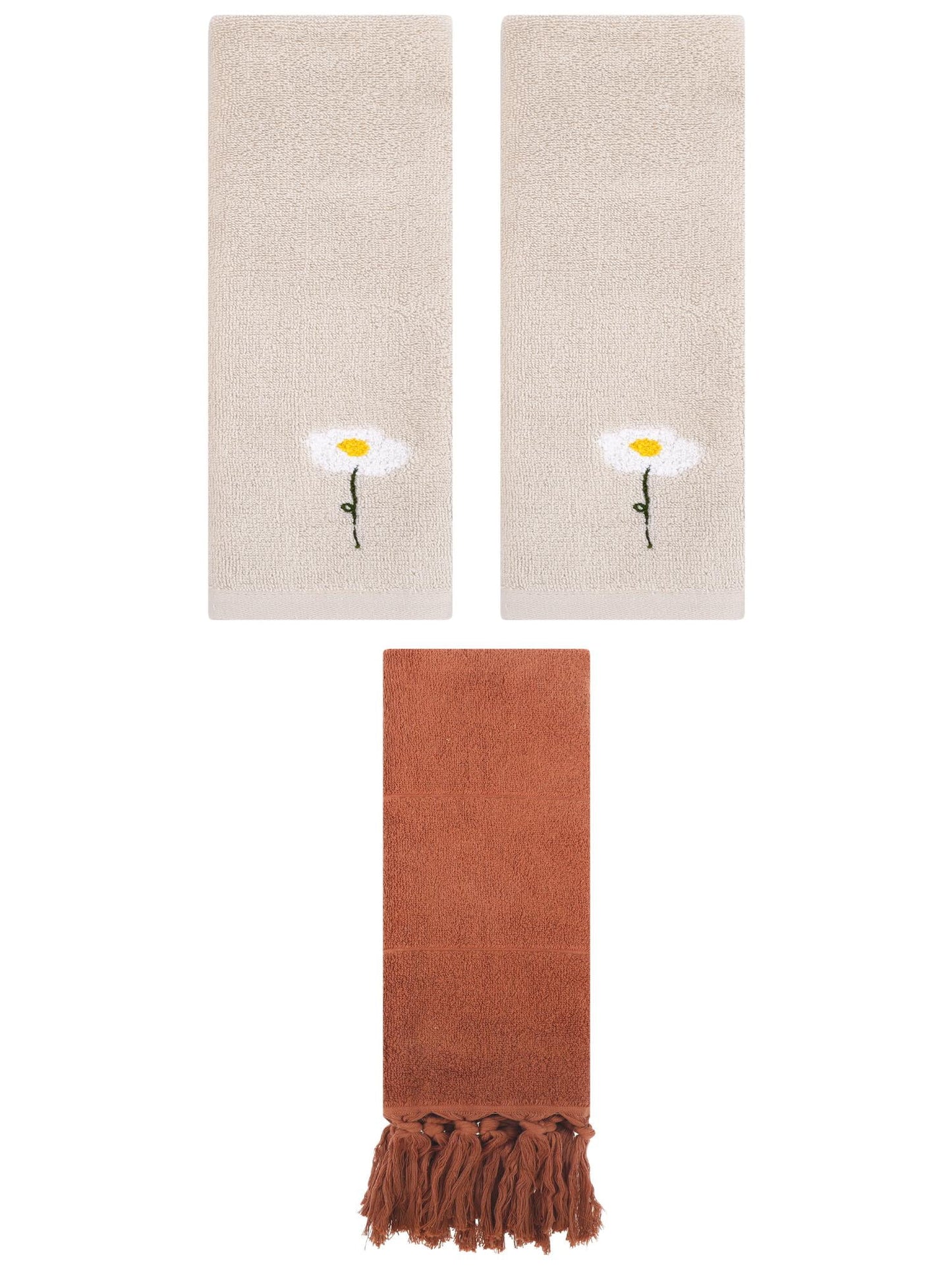 Unique Bargains 3 Pack Floral Solid Hand Towels Brown/Light Brown 14"x30"/13"x30"