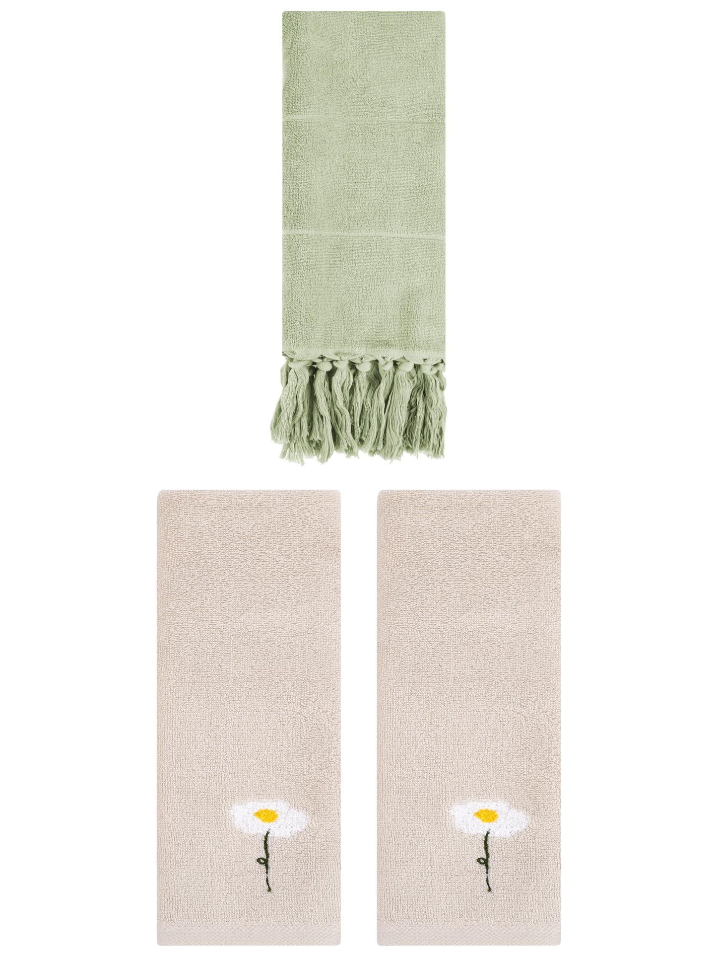 Unique Bargains 3 Pack Floral Solid Hand Towels Green/Light Brown 14"x30"/13"x30"