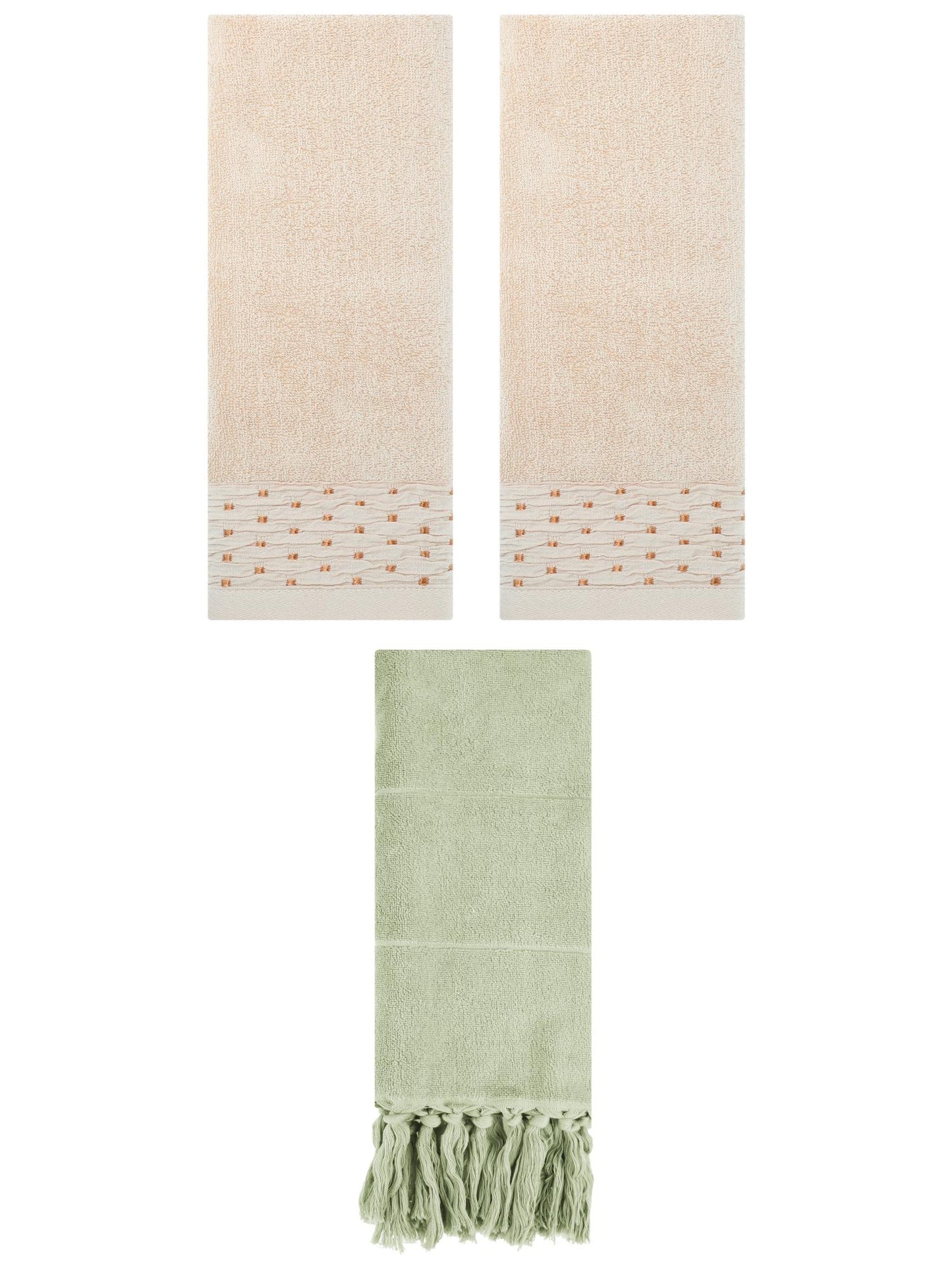 Unique Bargains 3 Pack Solid Cotton Bathroom Hand Towel 14" x 30" Green/Light Brown