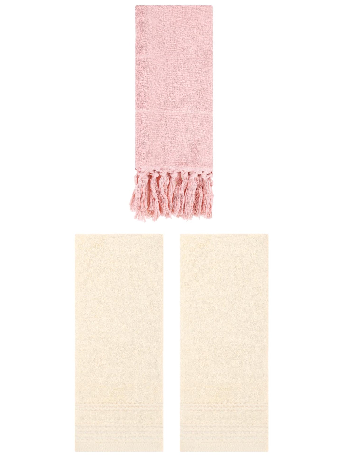 Unique Bargains 3 Pack Solid Tassels Bathroom Hand Towels 14" x 30" Pink/Beige