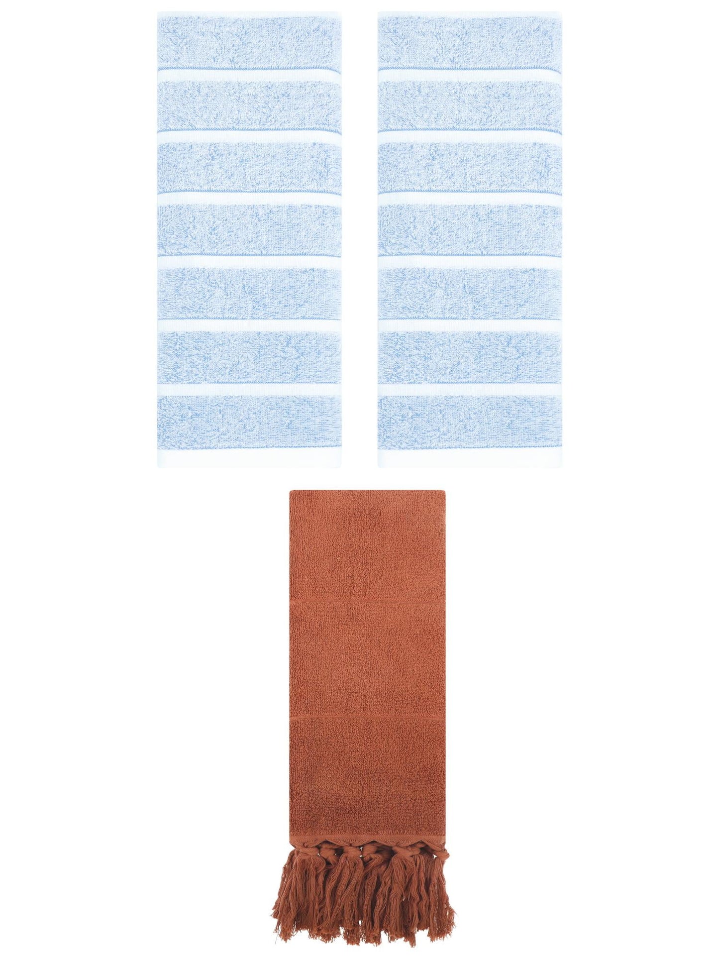 Unique Bargains 3 Pack Striped Solid Hand Towel Brown/Blue 14"x30"/13"x29"