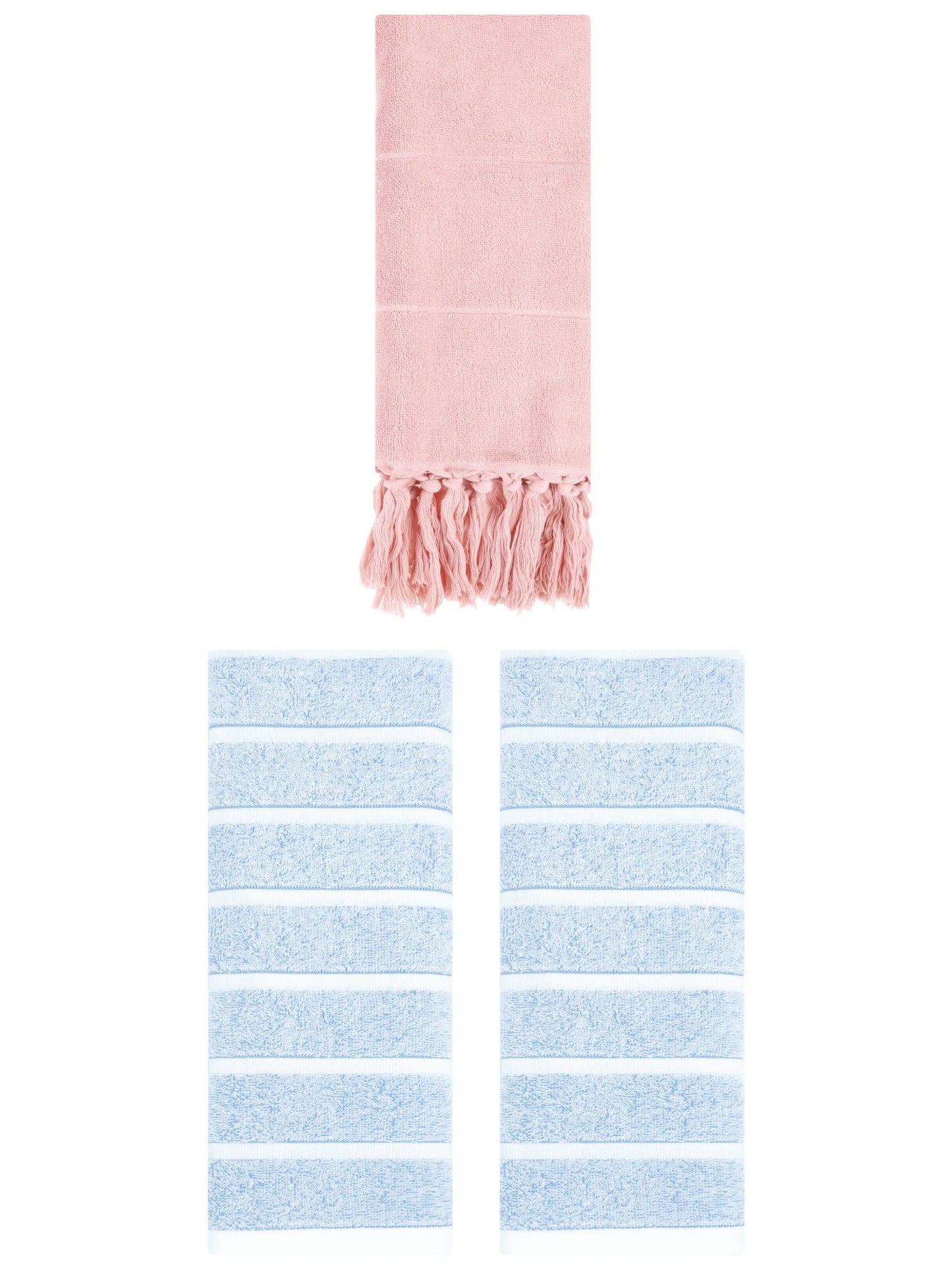 Unique Bargains 3 Pack Striped Solid Hand Towel Pink/Blue 14"x30"/13"x29"