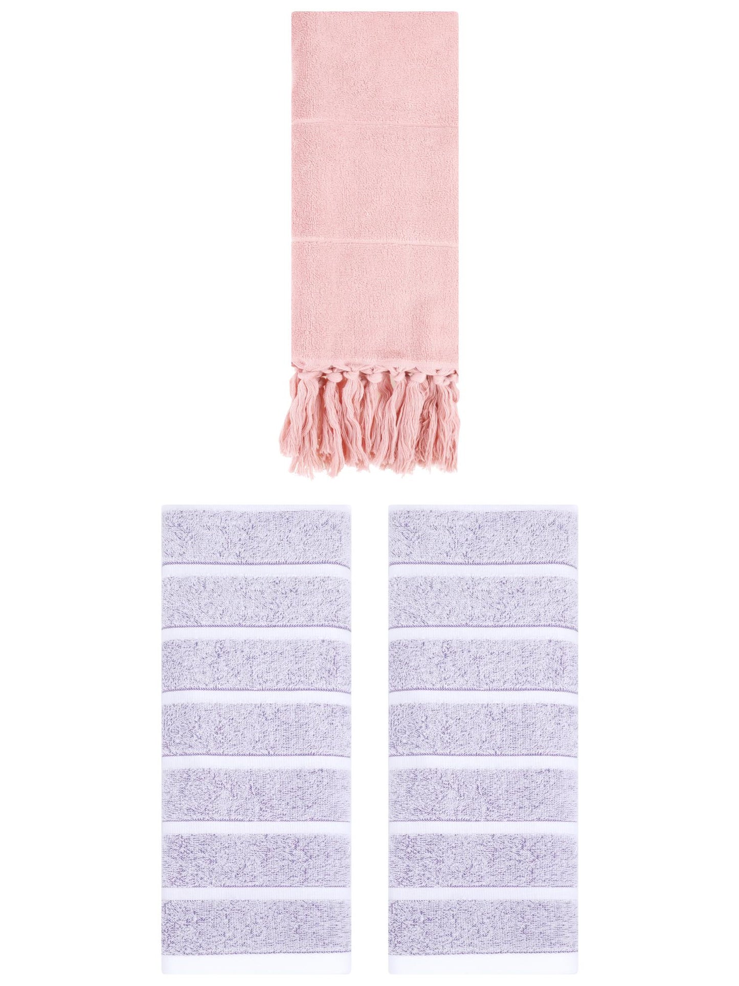 Unique Bargains 3 Pack Striped Solid Hand Towel Pink/Light Purple 14"x30"/13"x29"