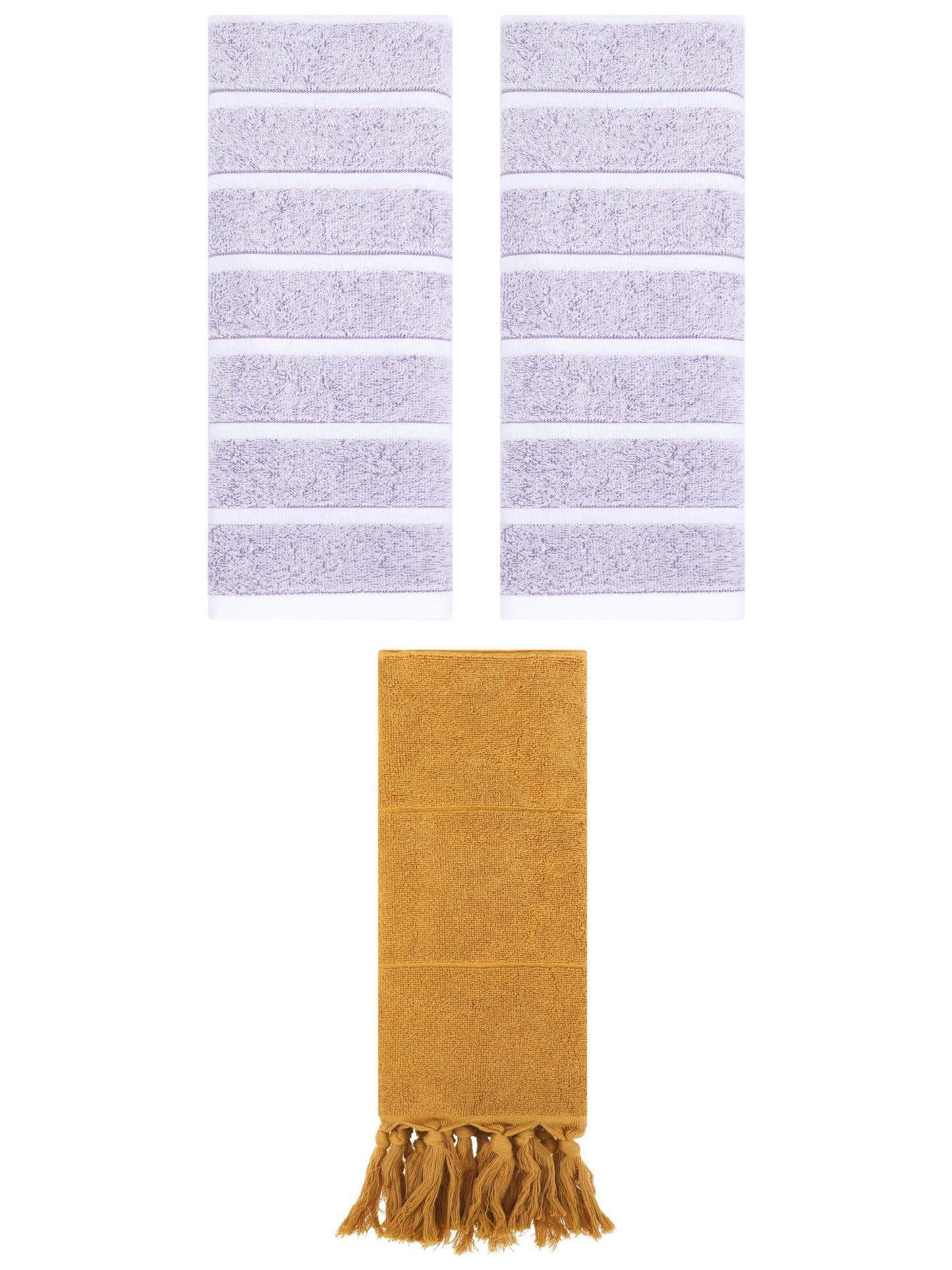 Unique Bargains 3 Pack Striped Solid Hand Towel Yellow/Light Purple 14"x30"/13"x29"
