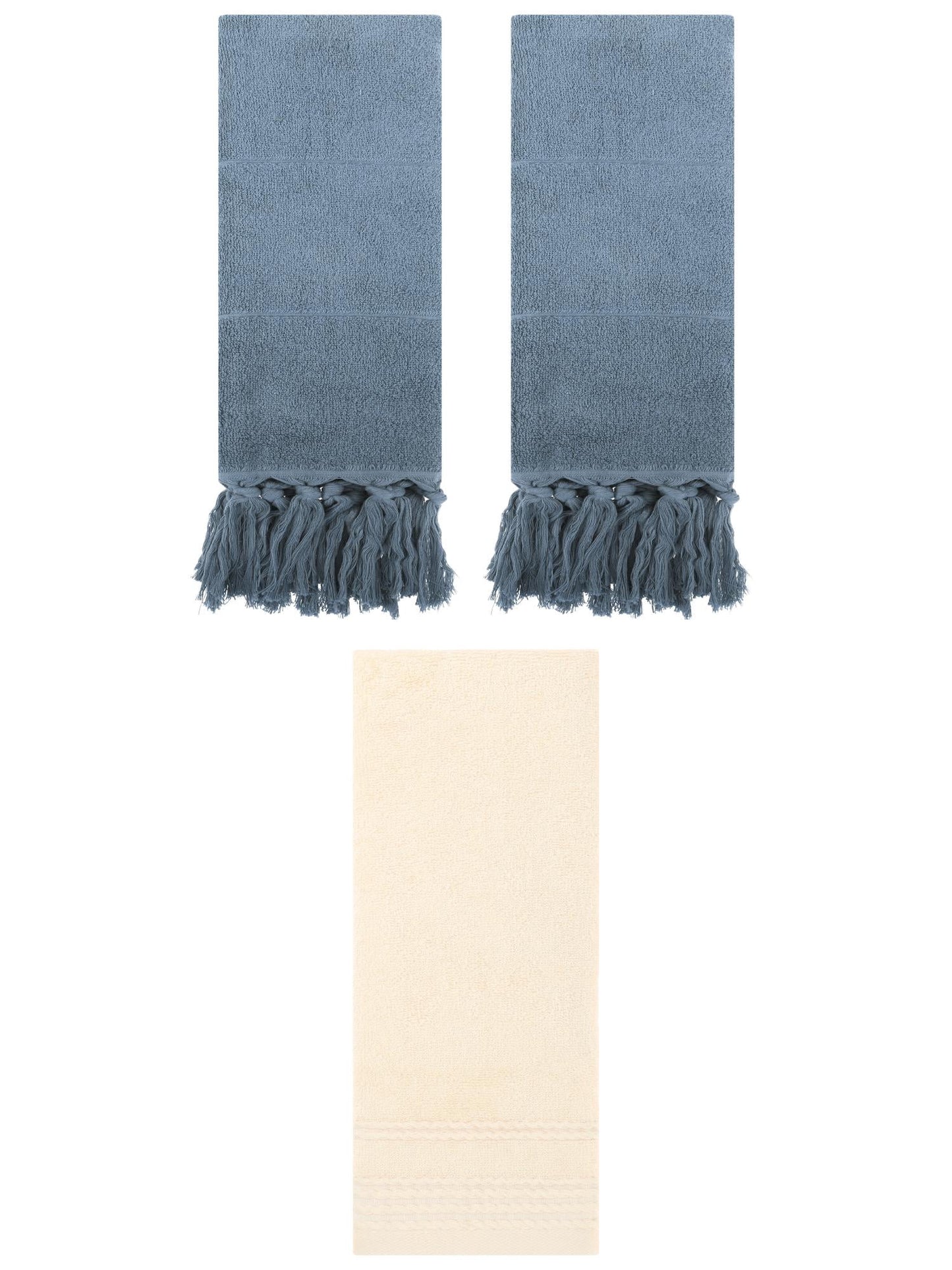 Unique Bargains 3 Pack Striped Tassels Hand Towels for Bathroom 14" x 30" Blue/Beige