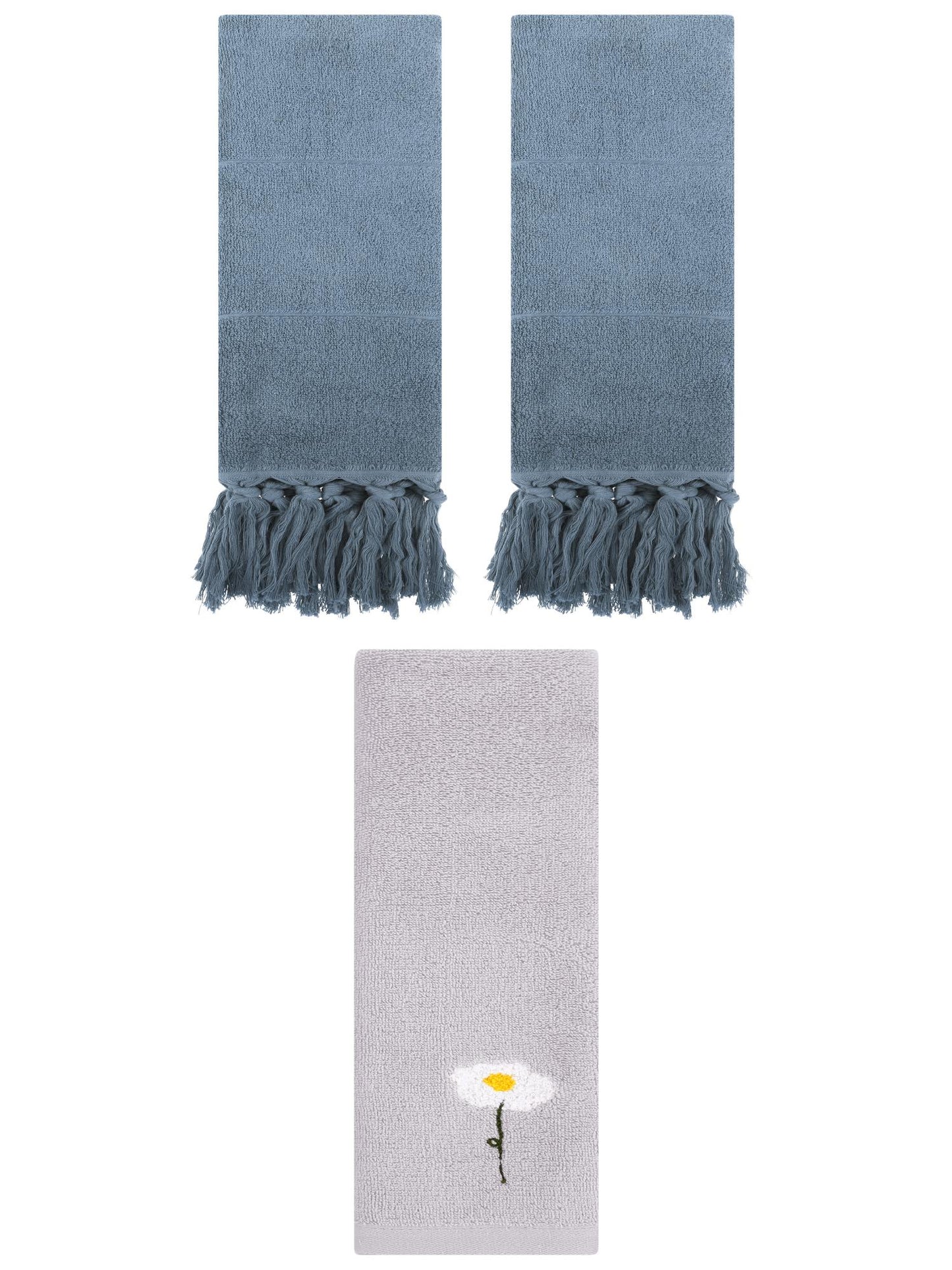 Unique Bargains 3 Pack Cotton Soft Absorbent Floral Pattern and Solid Hand Towel Set Blue/Grey 14" x 30"/13" x 30"