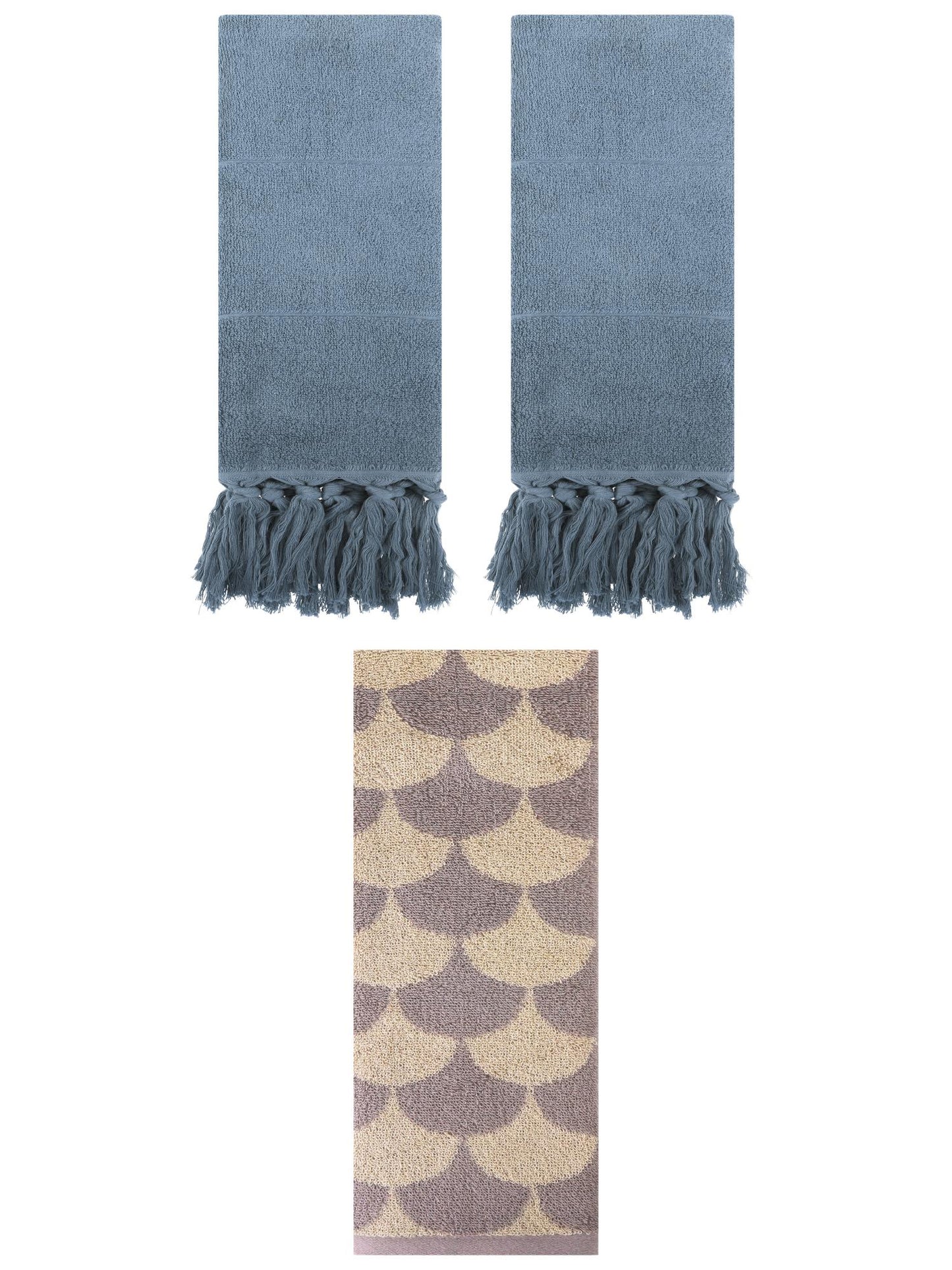 Unique Bargains 3 Pack Geometric and Solid Absorbent Soft Cotton Hand Towel Set Blue/Brown 14" x 30"/13" x 29"