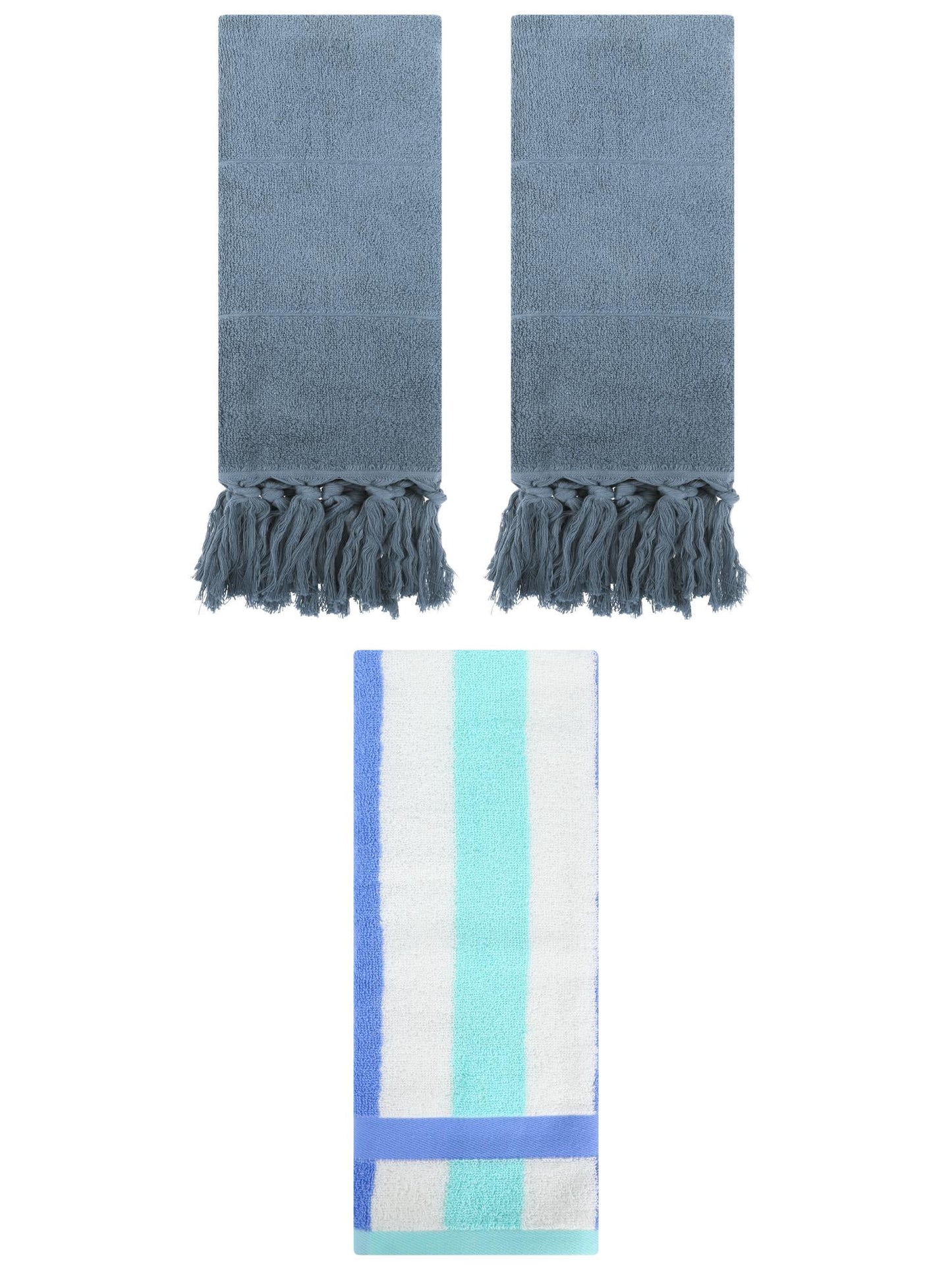 Unique Bargains 3 Pack Cotton Absorbent Soft Decorative Bathroom Hand Towel Set Blue/Blue Green 14" x 30"/13" x 29"