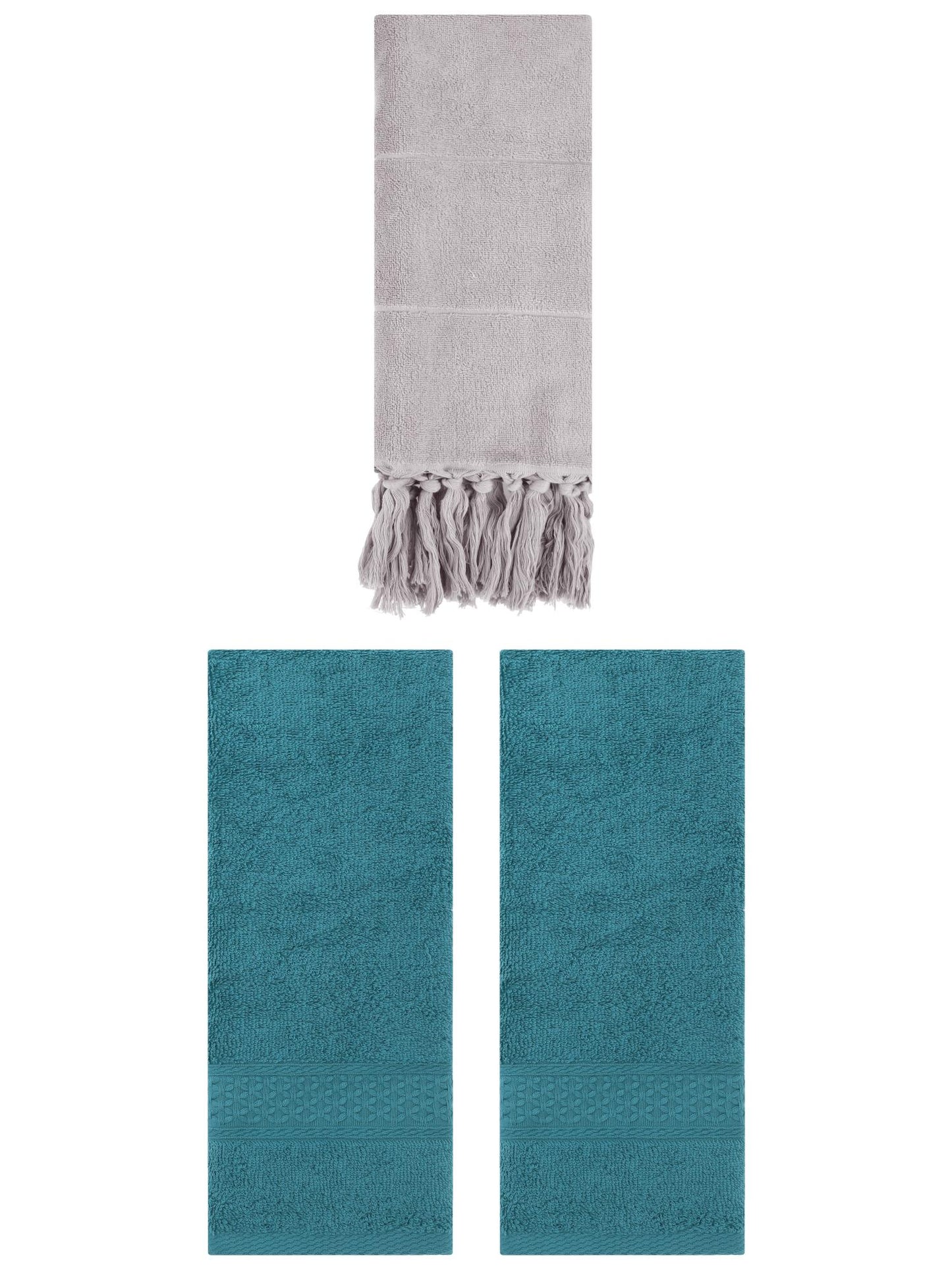 Unique Bargains 3 Packs Textured Tassels Hand Towel Grey/Dark Green 14" x 30"/13" x 30"