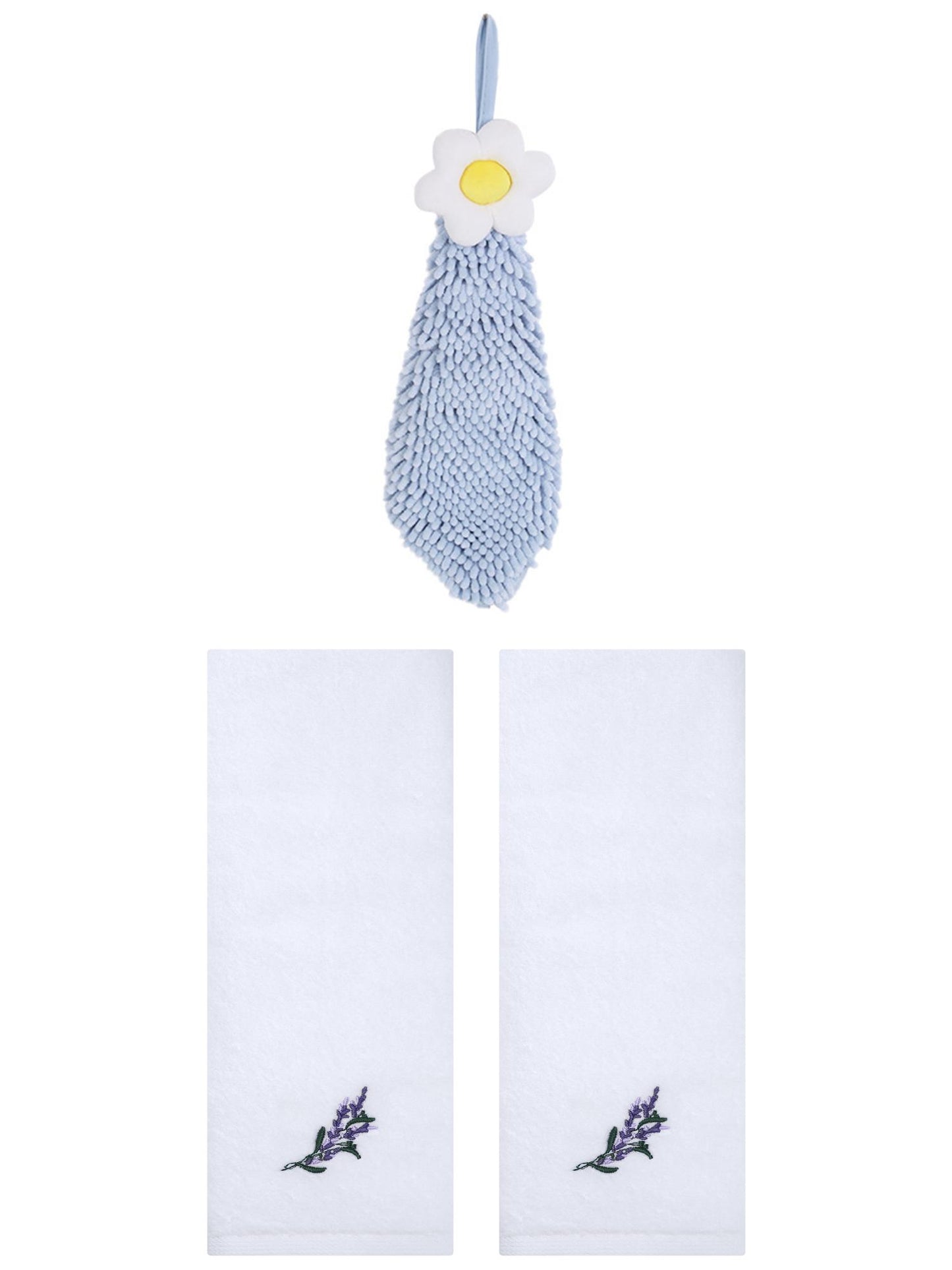 Unique Bargains 3 Pcs Cotton Soft Floral Hand Towels White/Blue-1 13" x 29"/6" x 15"