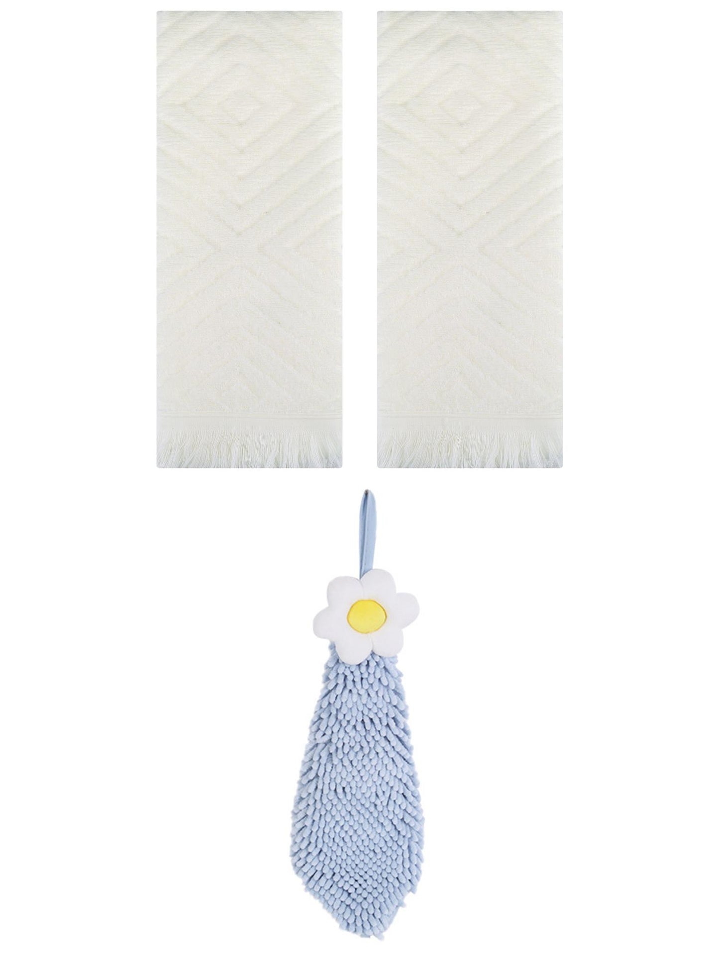 Unique Bargains 3 Pcs Geometric Soft Hand Towels Beige/Blue-1 13" x 29"/6" x 15"