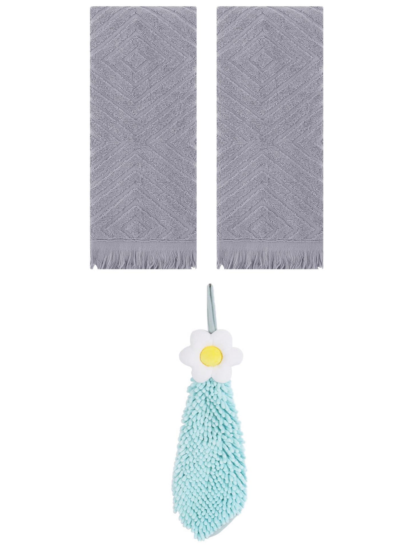 Unique Bargains 3 Pcs Geometric Soft Hand Towels Grey/Green 13" x 29"/6" x 15"