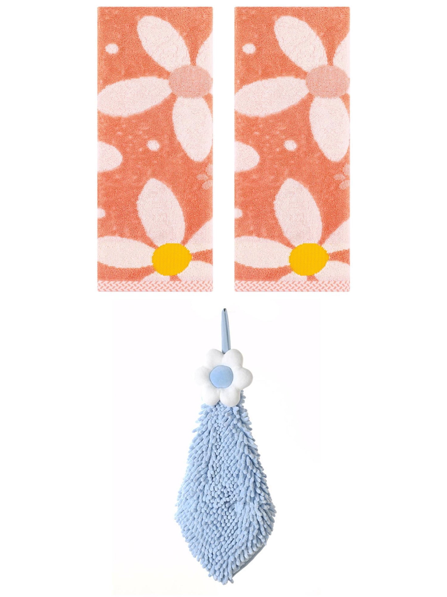 Unique Bargains 3 Pcs Soft Floral Hand Towels Orange/Blue-2 13" x 29"/6" x 15"