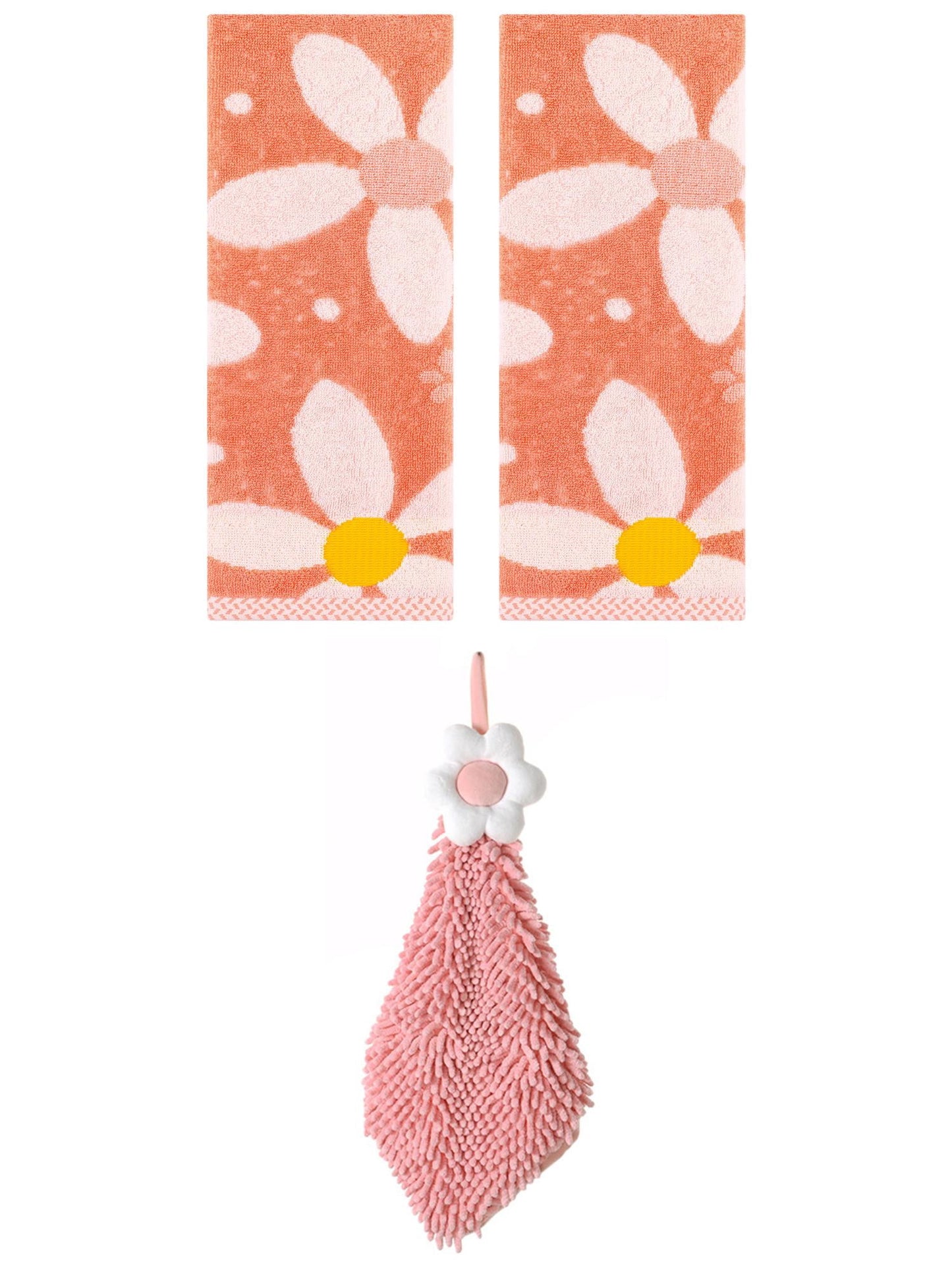 Unique Bargains 3 Pcs Soft Floral Hand Towels Orange/Pink-2 13" x 29"/6" x 15"