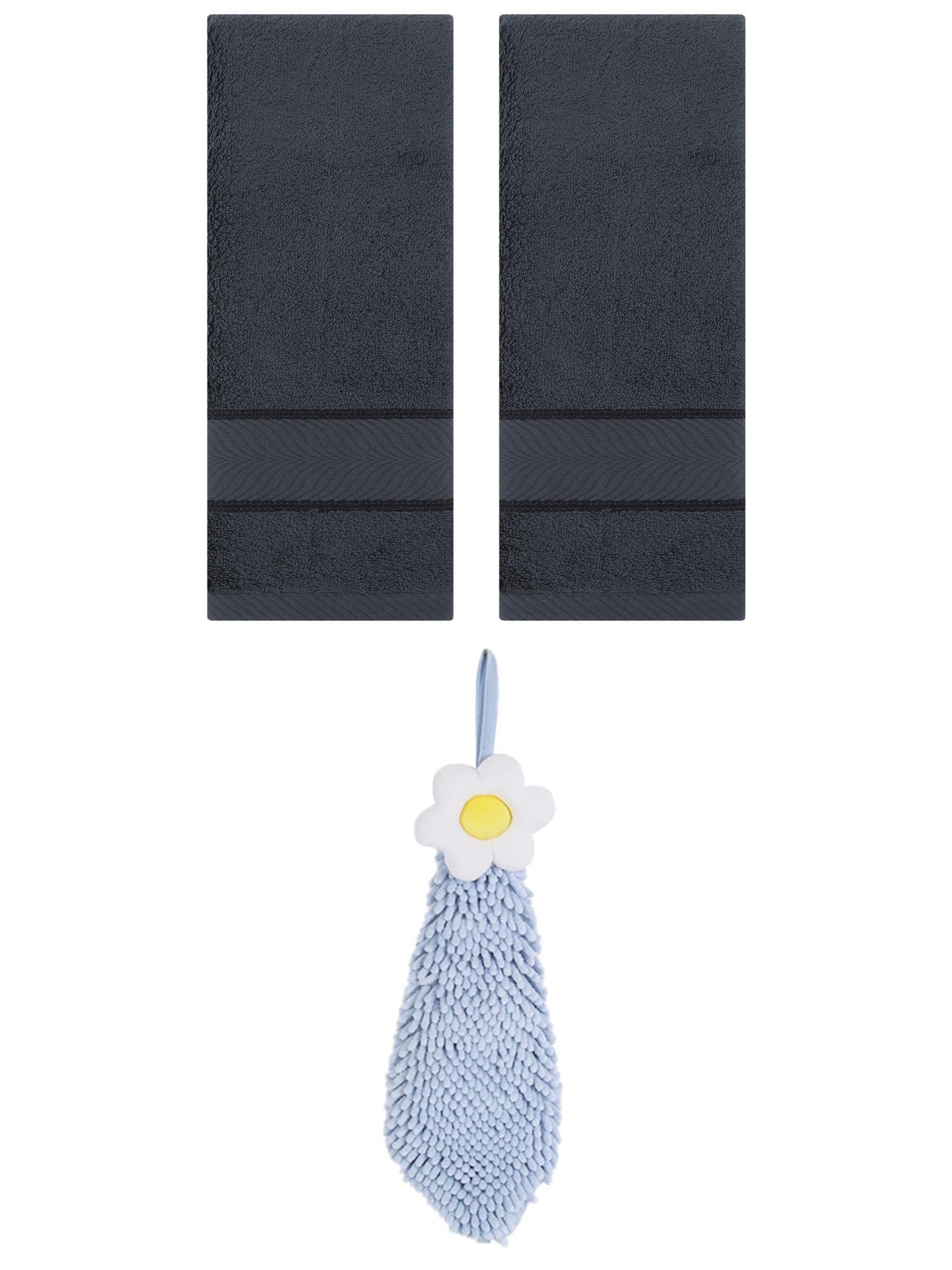 Unique Bargains 3 Pcs Soft Hand Towel Set Dark Grey/Blue-1 14" x 30"/6" x 15"
