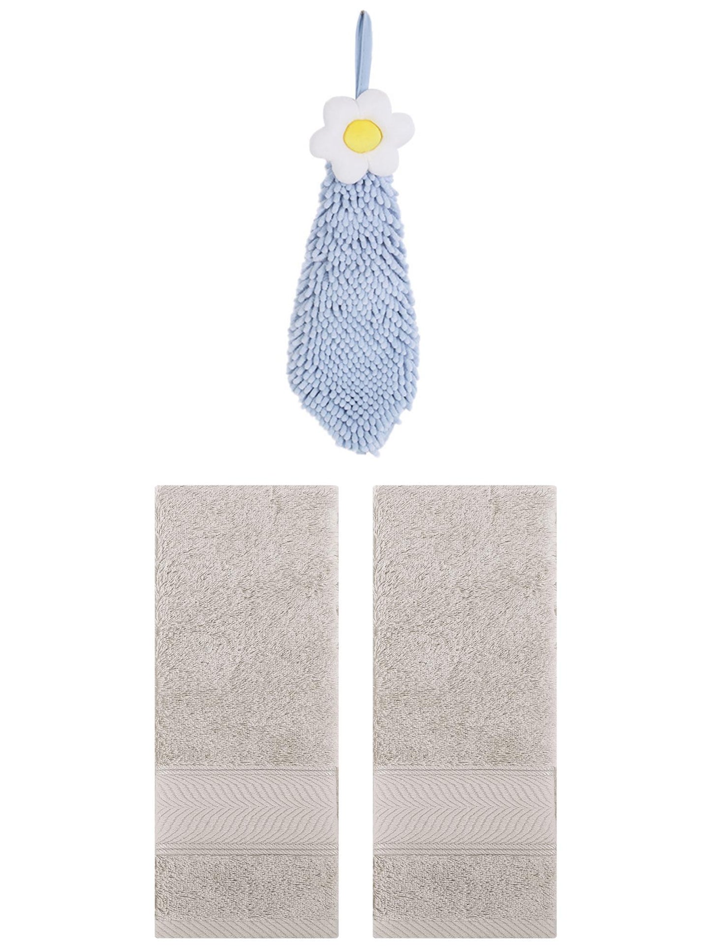 Unique Bargains 3 Pcs Soft Hand Towel Set Light Brown/Blue-1 14" x 30"/6" x 15"