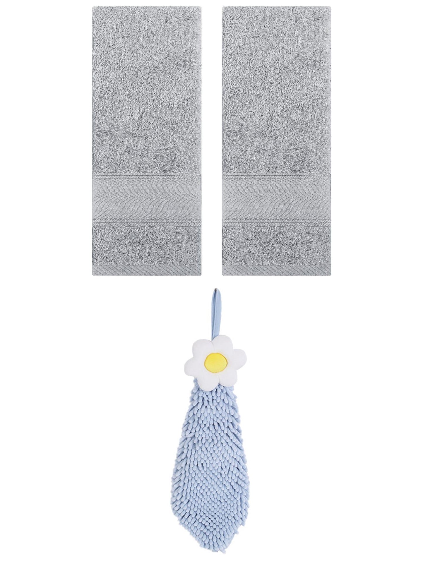 Unique Bargains 3 Pcs Soft Hand Towel Set Light Grey/Blue-1 14" x 30"/6" x 15"