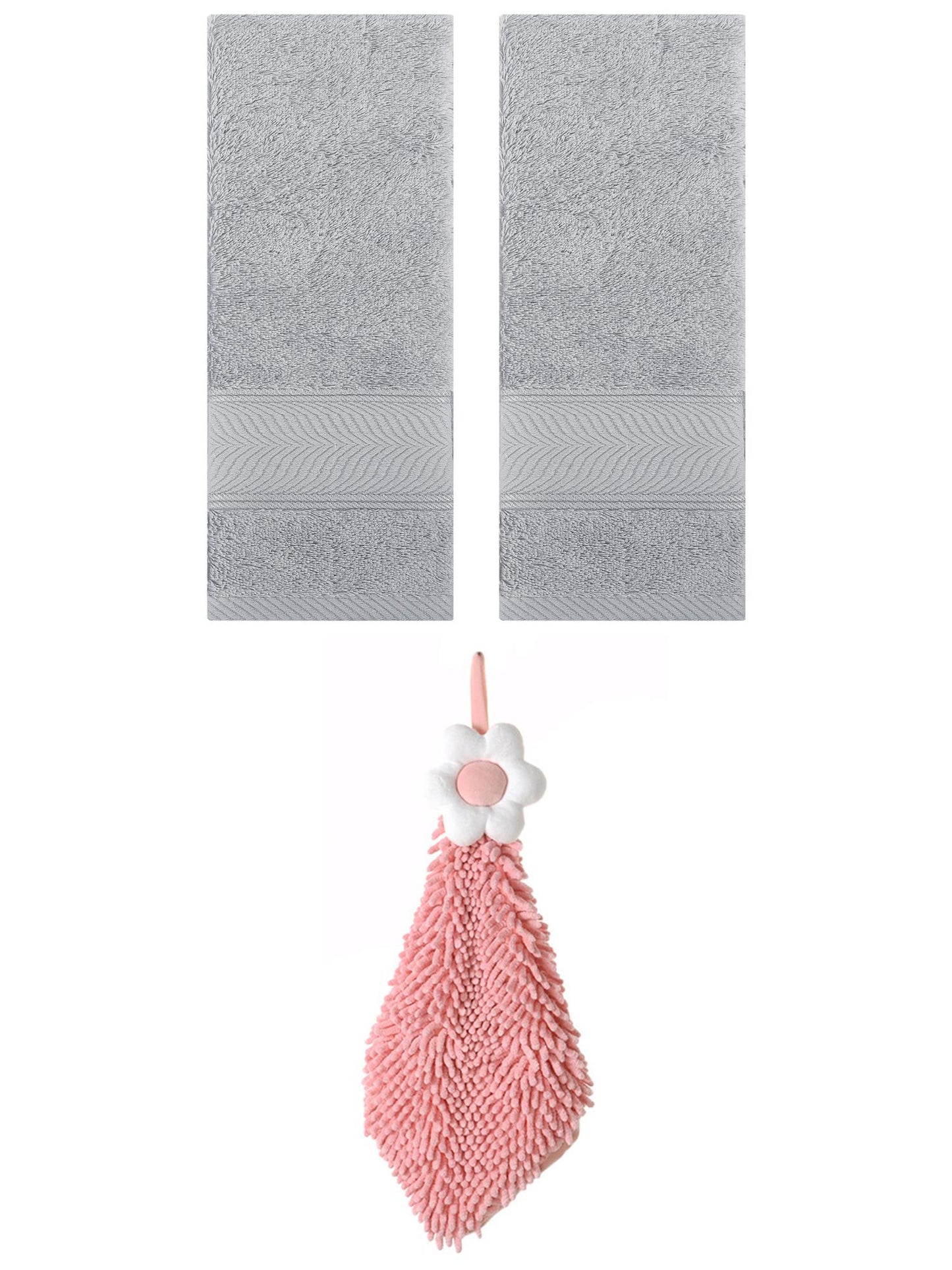 Unique Bargains 3 Pcs Soft Hand Towel Set Light Grey/Pink-2 14" x 30"/6" x 15"