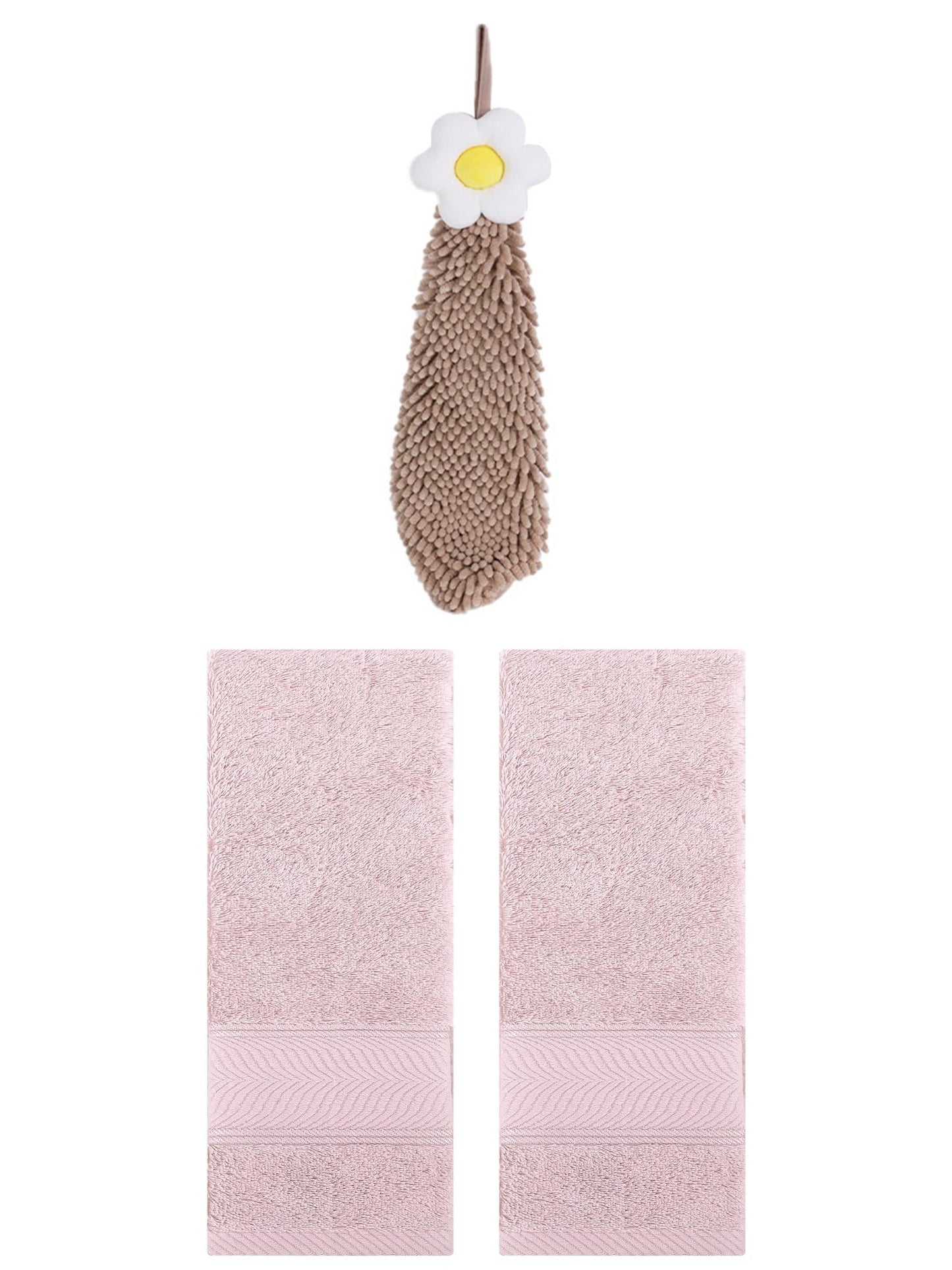 Unique Bargains 3 Pcs Soft Hand Towel Set Light Pink/Brown 14" x 30"/6" x 15"