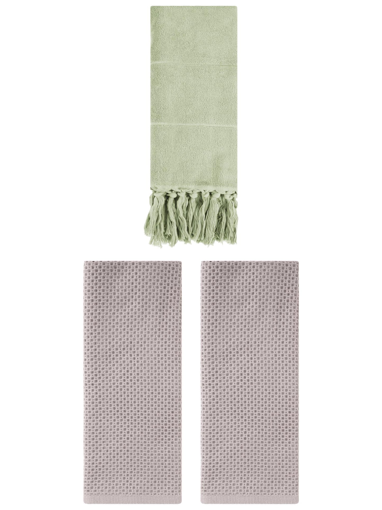 Unique Bargains 3 Pcs Tassels Waffle Hand Towel Green/Camel 14"x30"/13"x30"