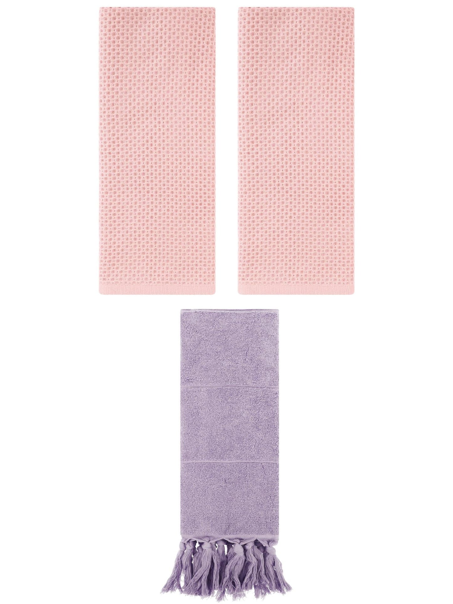 Unique Bargains 3 Pcs Tassels Waffle Hand Towel Purple/Pink 14"x30"/13"x30"