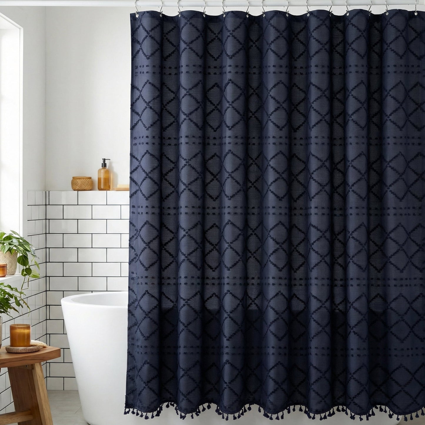 Unique Bargains 3D Geometric Texture Bath Curtain Sets with Hooks Dark Blue 72"W x 72"L