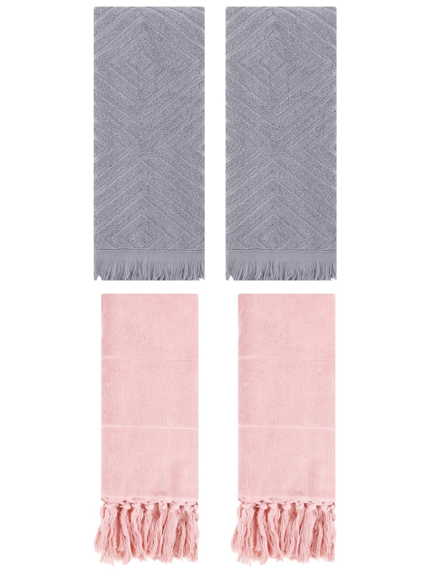Unique Bargains 4 Pack Turkish Hand Towels with Tassel Pink/Grey 14"x30"/13"x29"