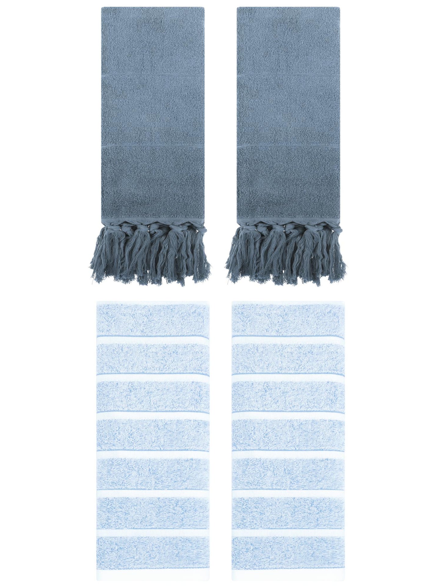 Unique Bargains 4 Pack Striped and Solid Absorbent Soft Cotton Hand Towel for Bathroom Blue 14" x 30"/13" x 29"